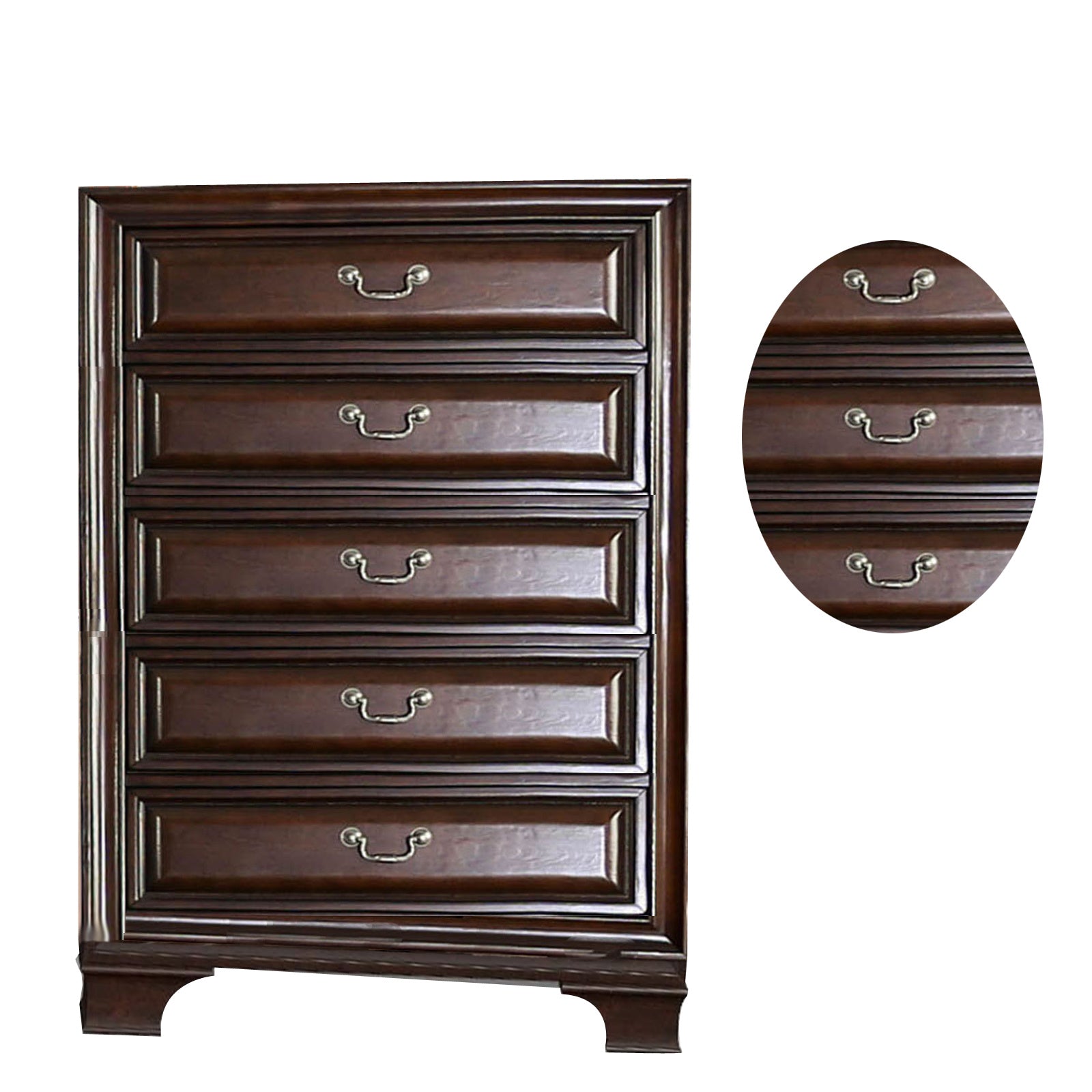 53 Inch Modern Tall Dresser Chest, Wood, 5 Drawers, Molded, Cherry