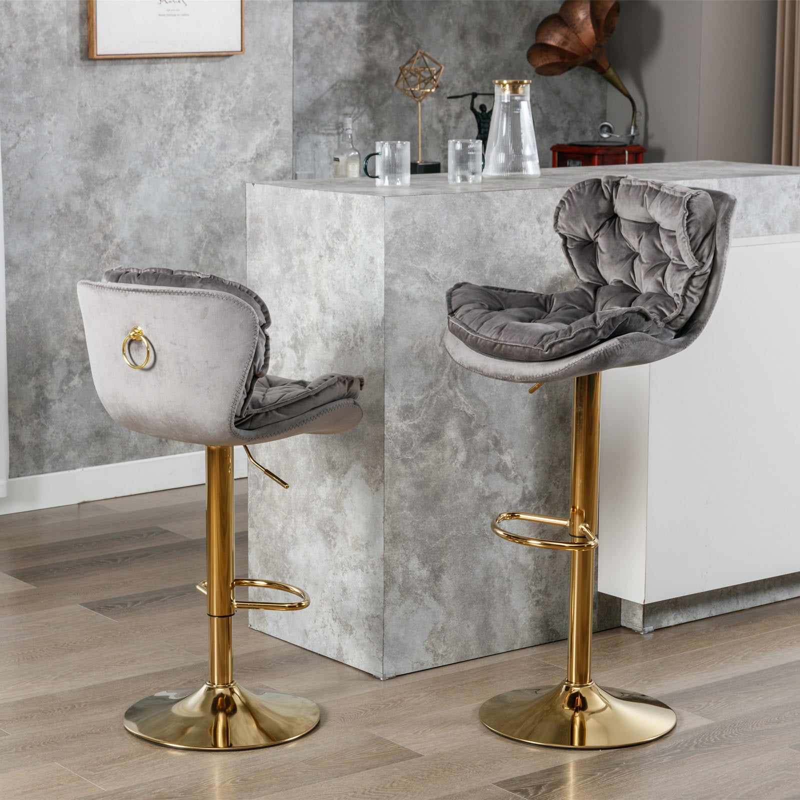 A&A Furniture,Swivel Bar Stools Set of 2, Velvet Counter Height Adjustable Barstools, Dining Bar Chairs Upholstered Modern Bar Stool for Kitchen Island, Cafe, Bar Counter, Dining Room(Gray)