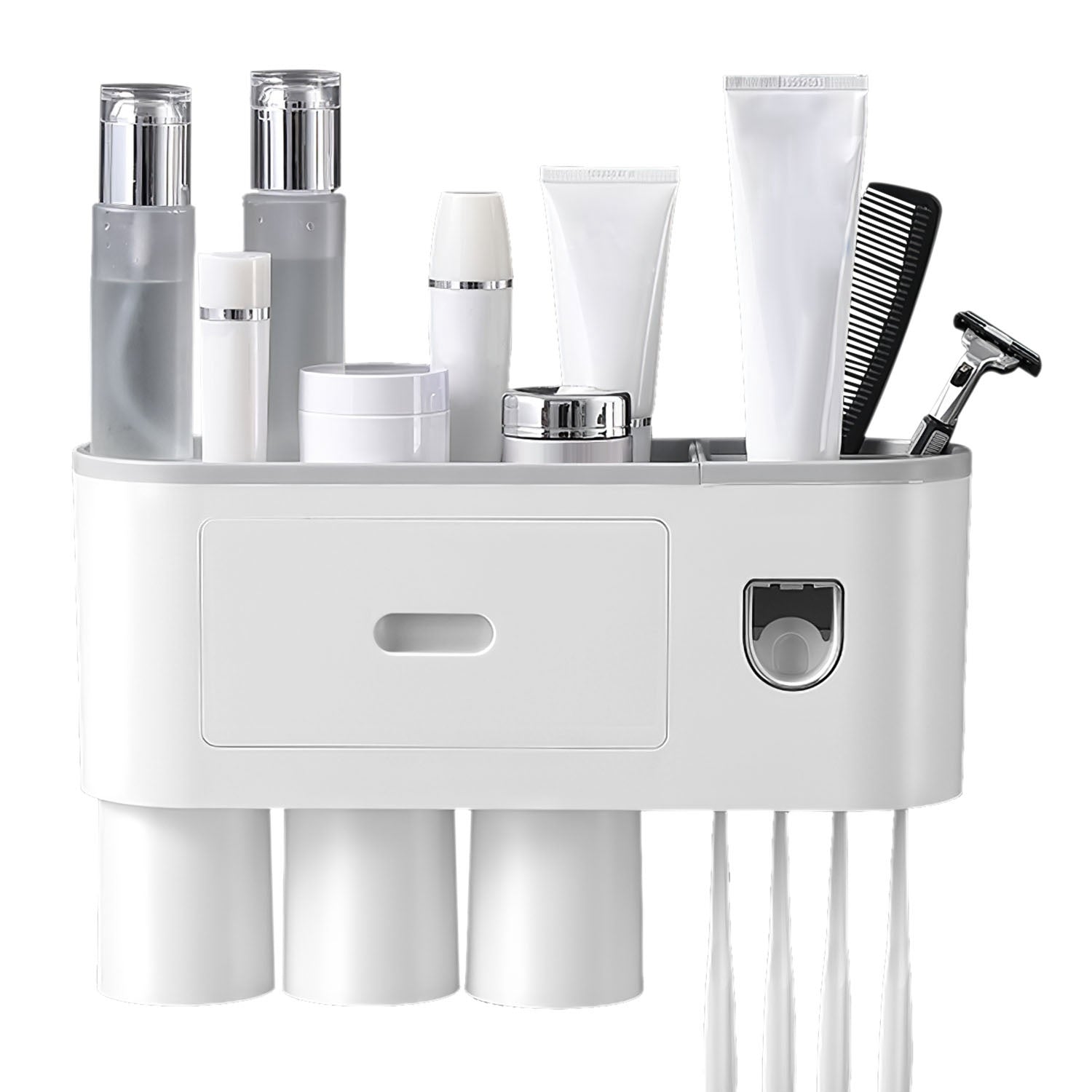Multifunctional Wall Mount Toothbrush Holder Rack Organizer Handsfree Automatic Toothpaste Dispenser Squeezer with Magnetic Cups 4 Toothbrush Slots 1 Cosmetic Drawer 1 Storage Tray