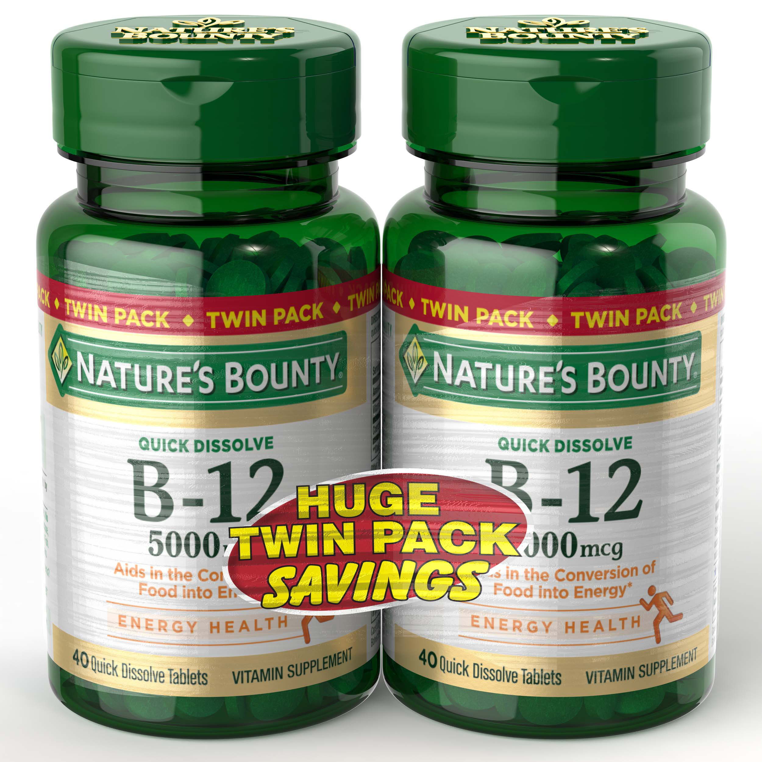 Nature's Bounty Vitamin B12 Supplement; 5000 mcg; 40 Count; Pack of 2