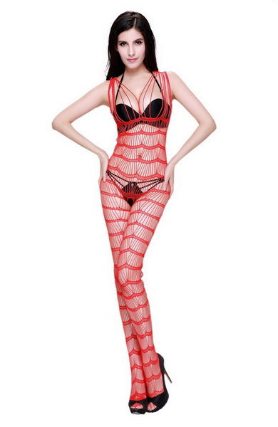 Blancho SE-142-RED Mesh Hole Open Crotch Body Stocking - Red - Medium