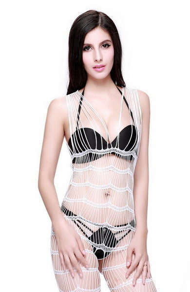 Blancho SE-142-WHITE Mesh Hole Open Crotch Body Stocking - White - Medium