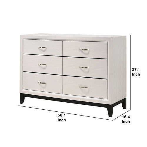 58 Inch 6 Drawer Dresser, Solid Wood Frame, Subtle Lines, White, Black