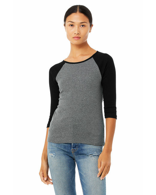 Ladies' Baby Rib 3/4-Sleeve Contrast Raglan T-Shirt - DEEP HTHR/ BLACK - S