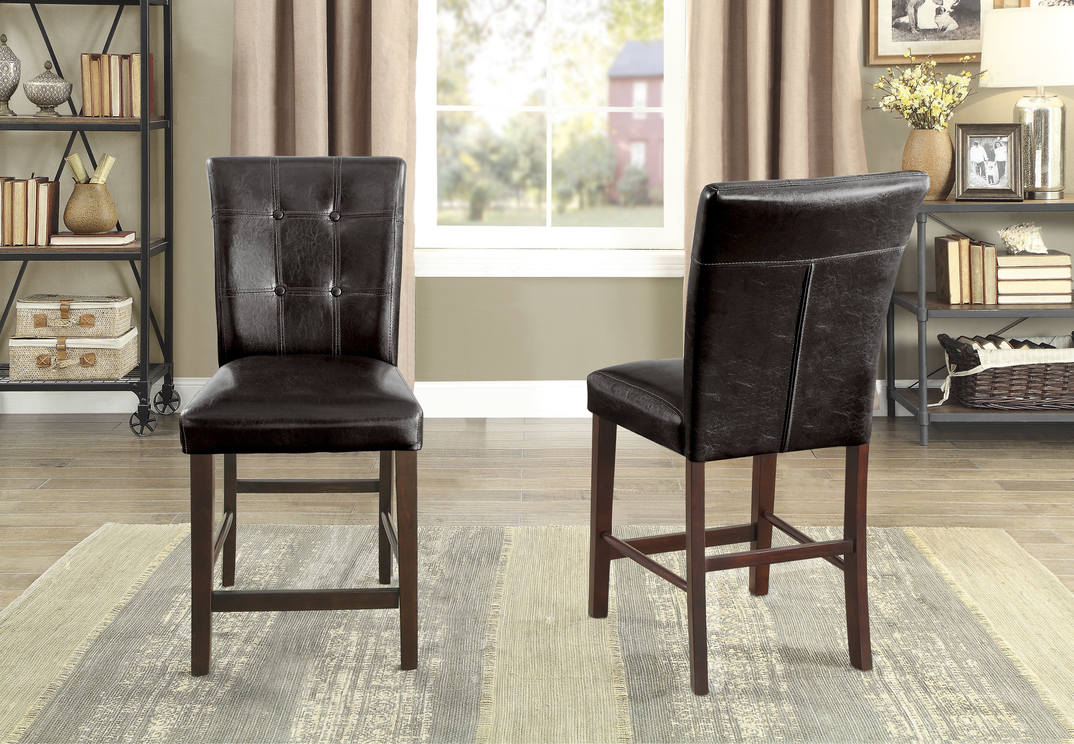Espresso Finish 2pc Set Counter Height Chairs Faux Leather Upholstery Button-Tufted Transitional Dining Furniture