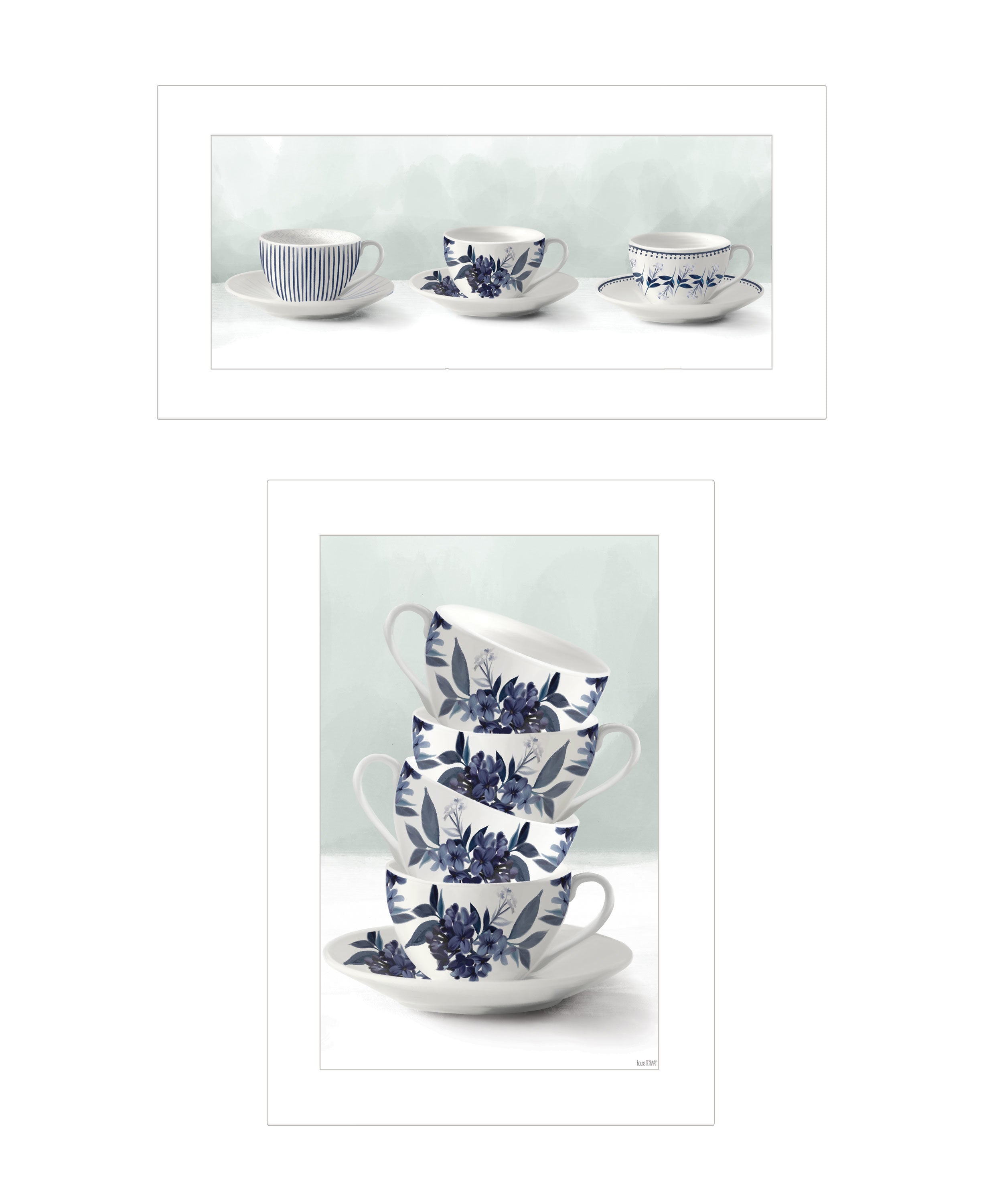 "Tea tower with Cups and Sauces Vignette is by Artisan House Fenway, Ready to Hang Framed Print, White Frame