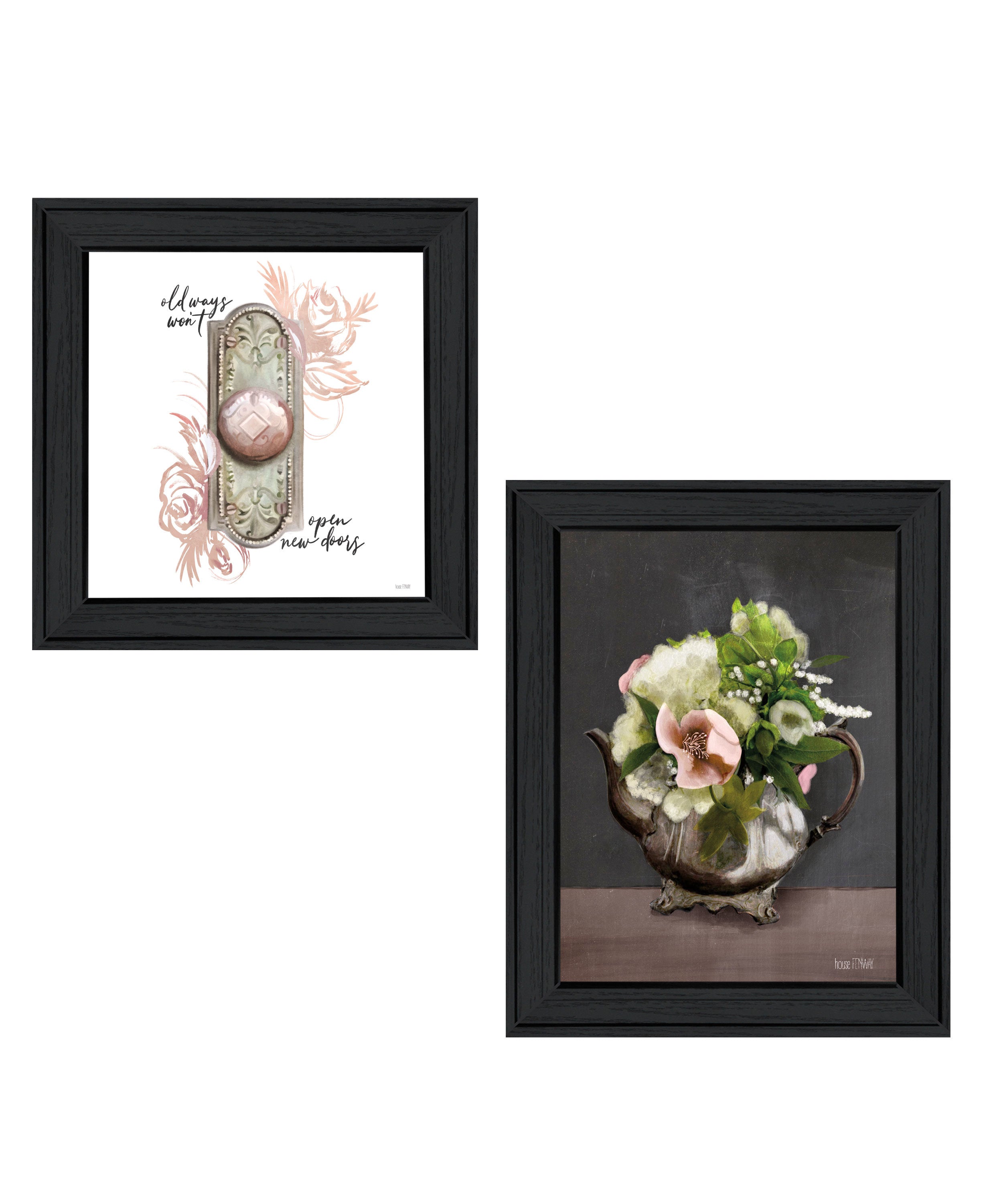 "Vintage Floral Tea Pot & Door Knob" 2-Piece Vignette by House Fenway, Ready to Hang Framed Print, Black Frame