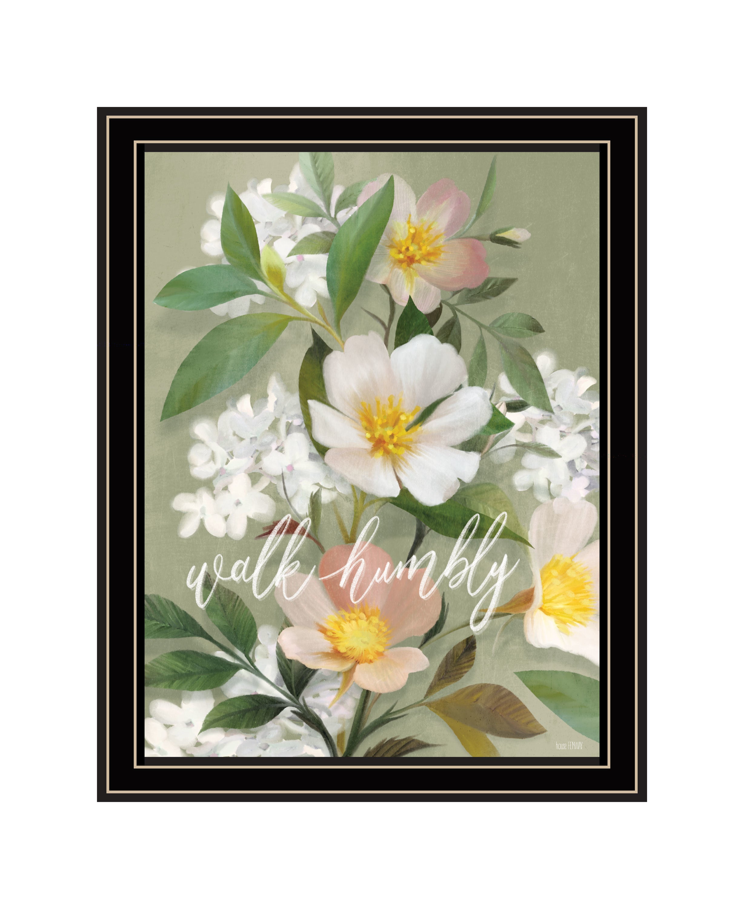 "Walk Humbly Floral" by House Fenway, Ready to Hang Framed Print, Black Frame
