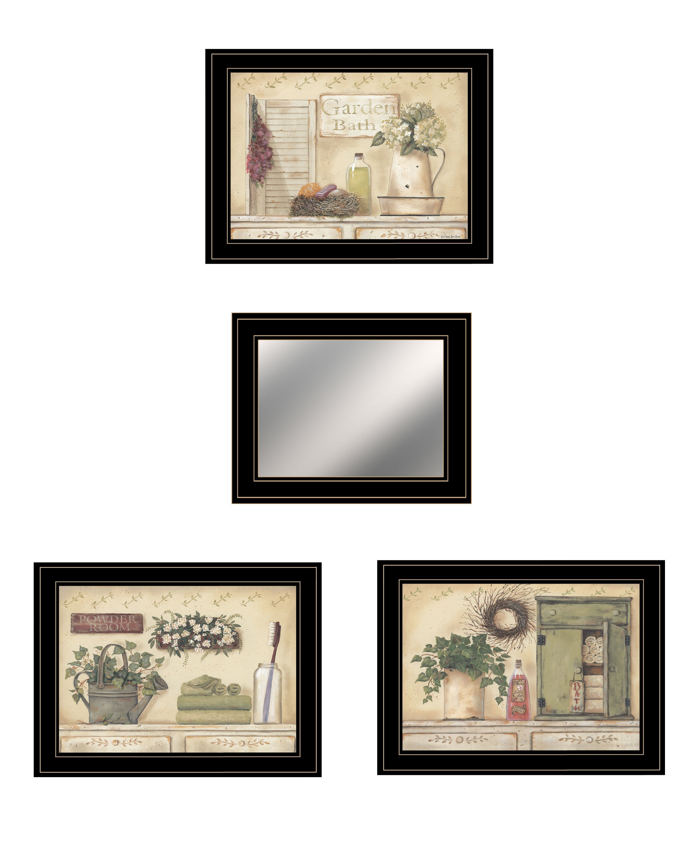 "Garden Bath Collection " 4-Piece Vignette By Pam Britton, Ready to Hang Framed Print, Black Frame