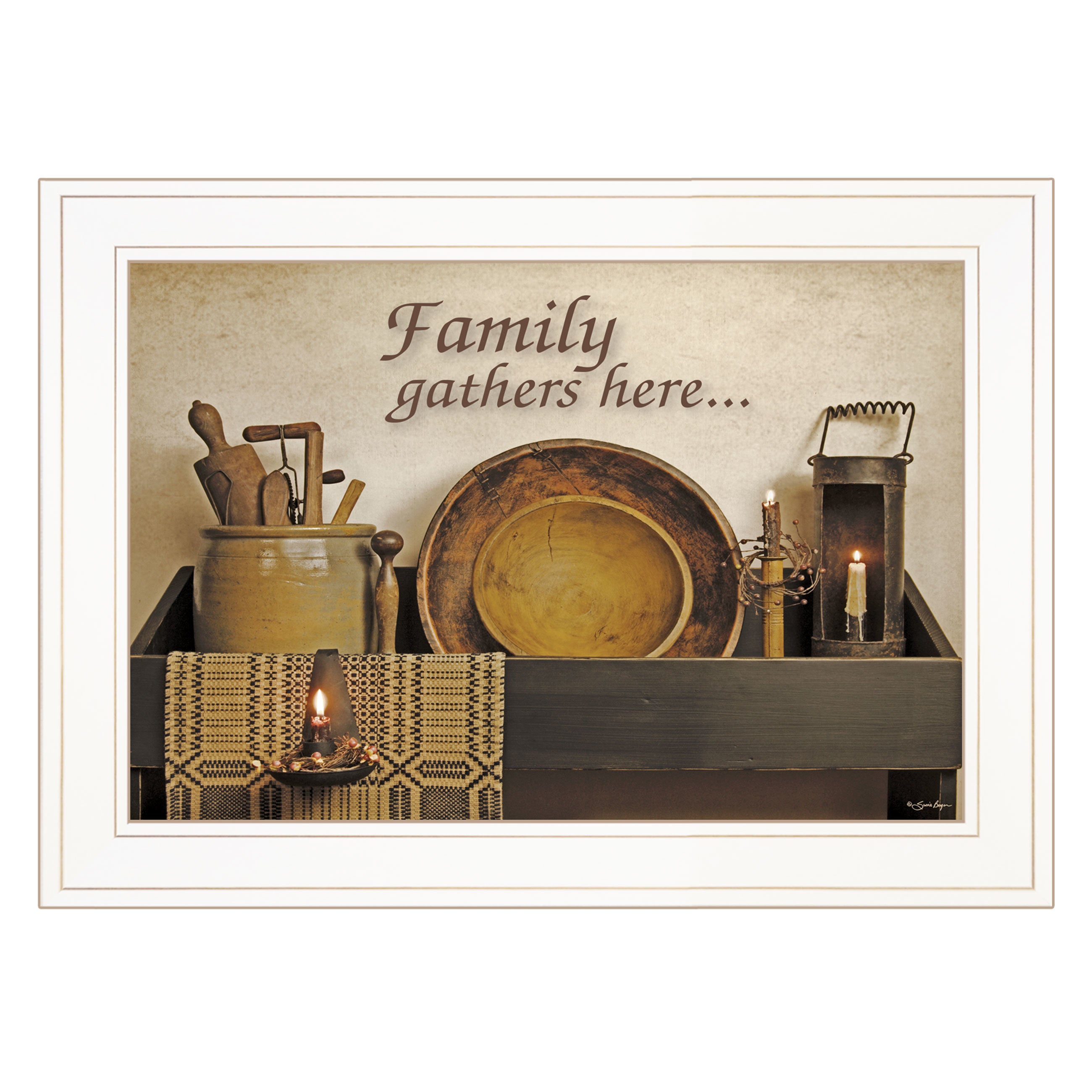 "Family Gather Here" By Susie Boyer, Ready to Hang Framed Print, White Frame