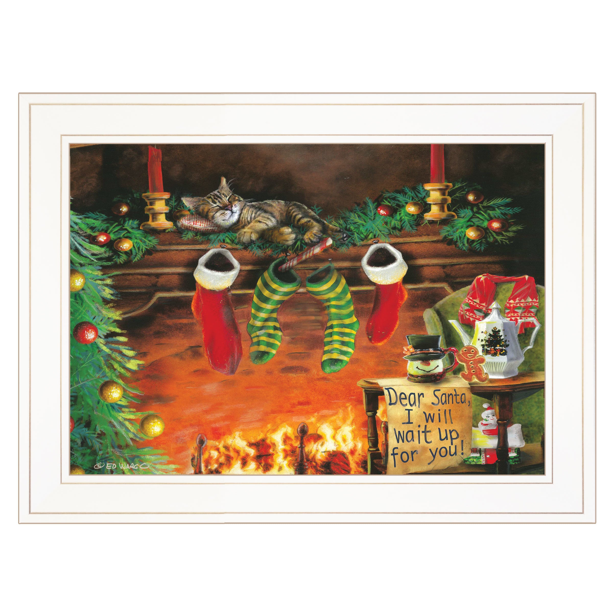 "I Will Wait Up" By Ed Wargo, Ready to Hang Framed Print, Cat Wall Art, White Frame