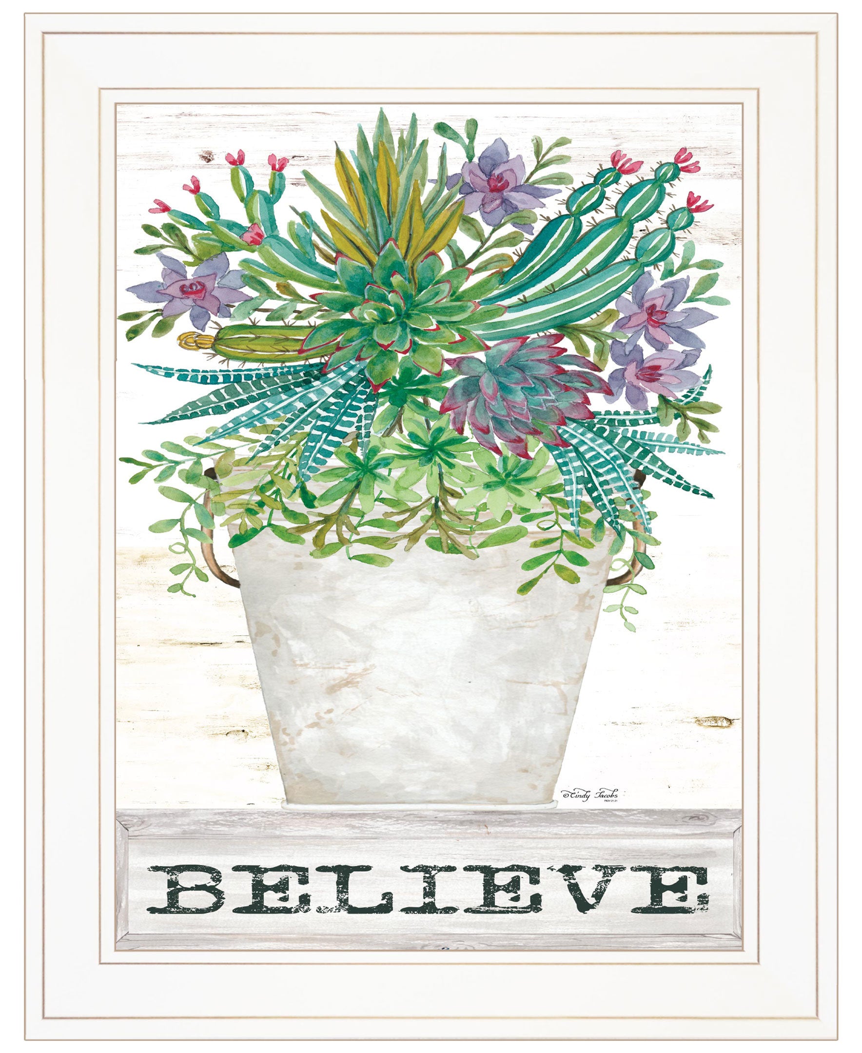 "Believe Succulents" by Cindy Jacobs, Ready to Hang Framed Print, White Frame