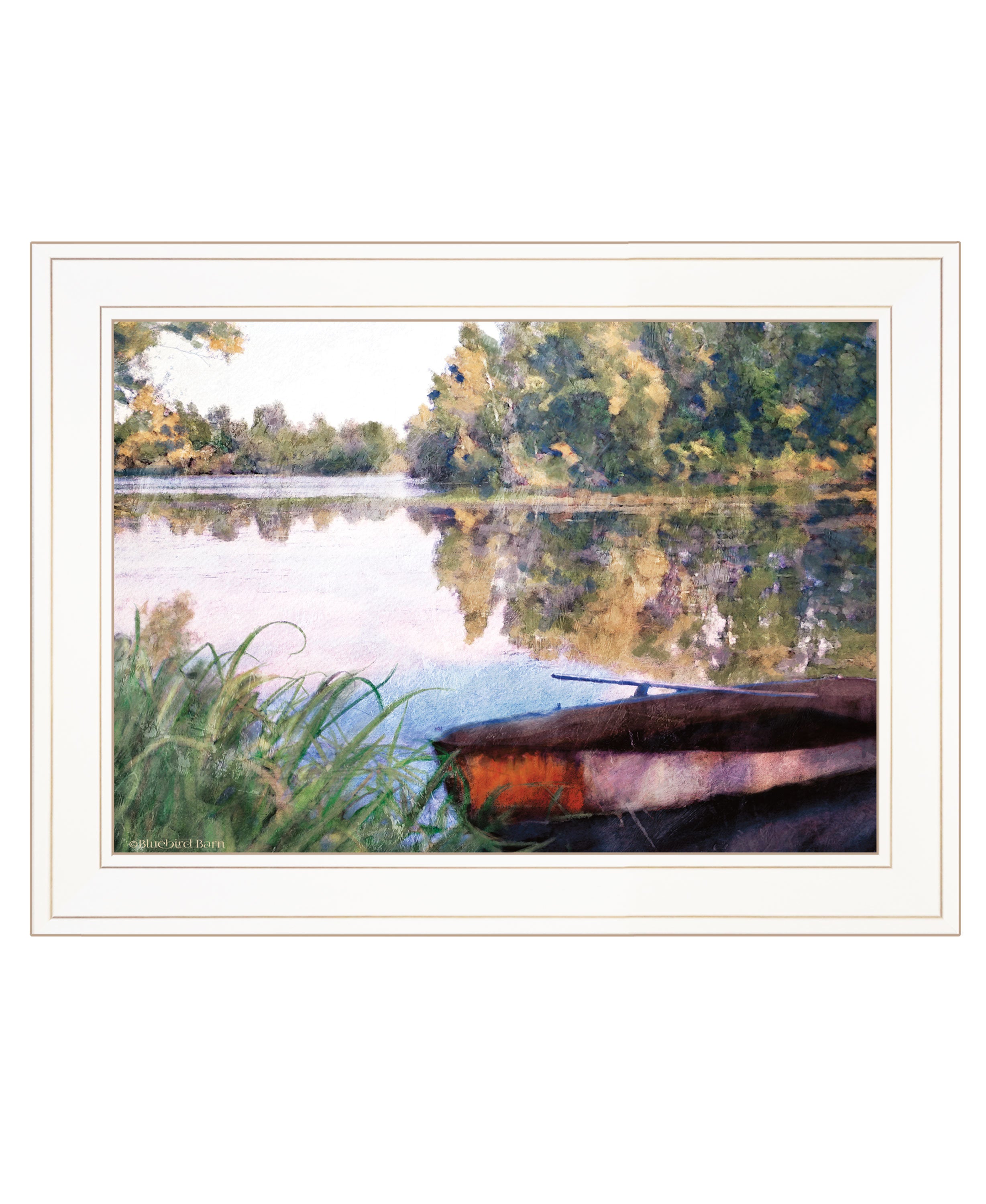 "Rowboat Pond Landscape" by Bluebird Barn, Ready to Hang Framed Print, White Frame