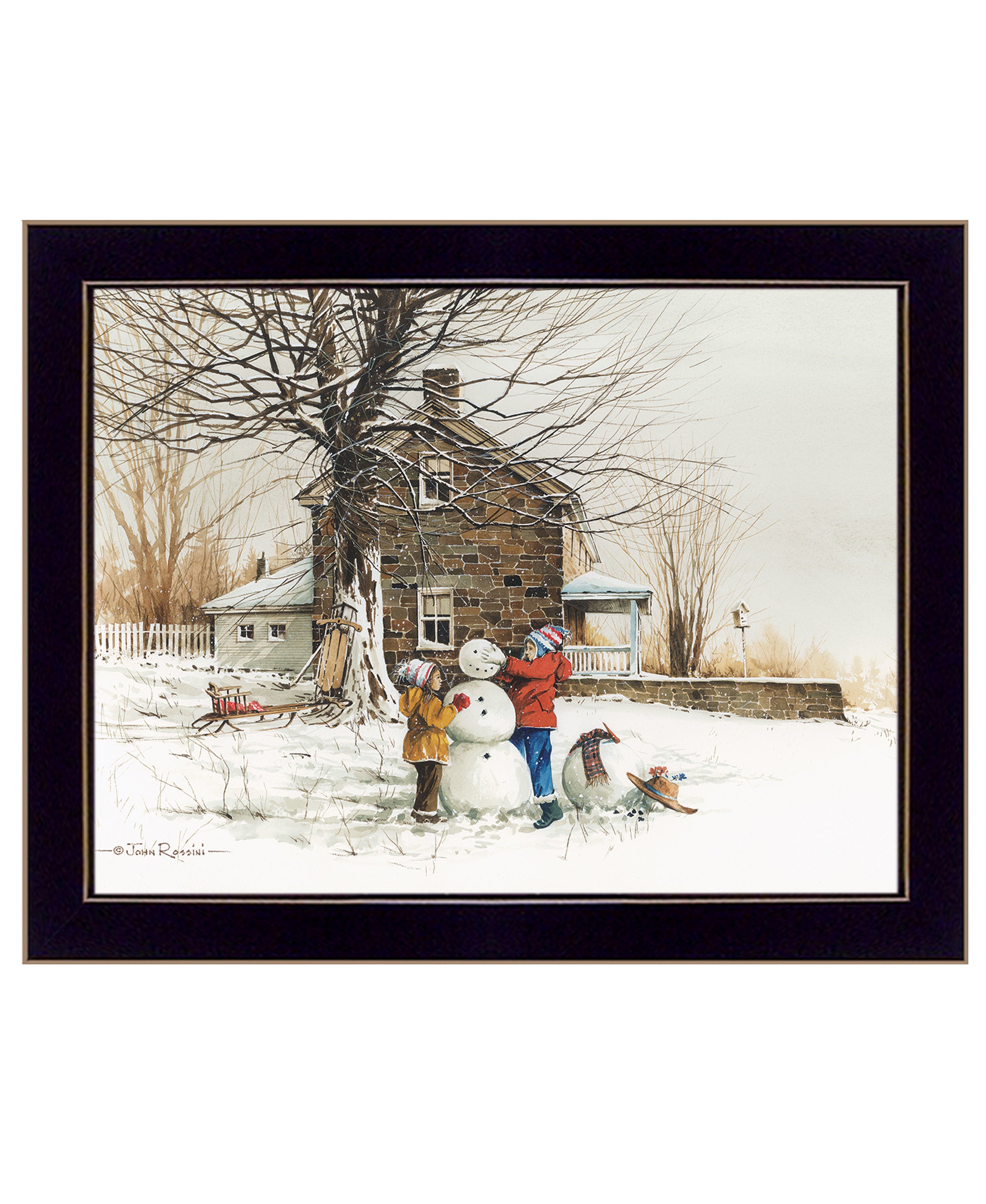 "The Joy of Snow" by Artisan John Rossini, Ready to Hang Framed Print, Black Frame