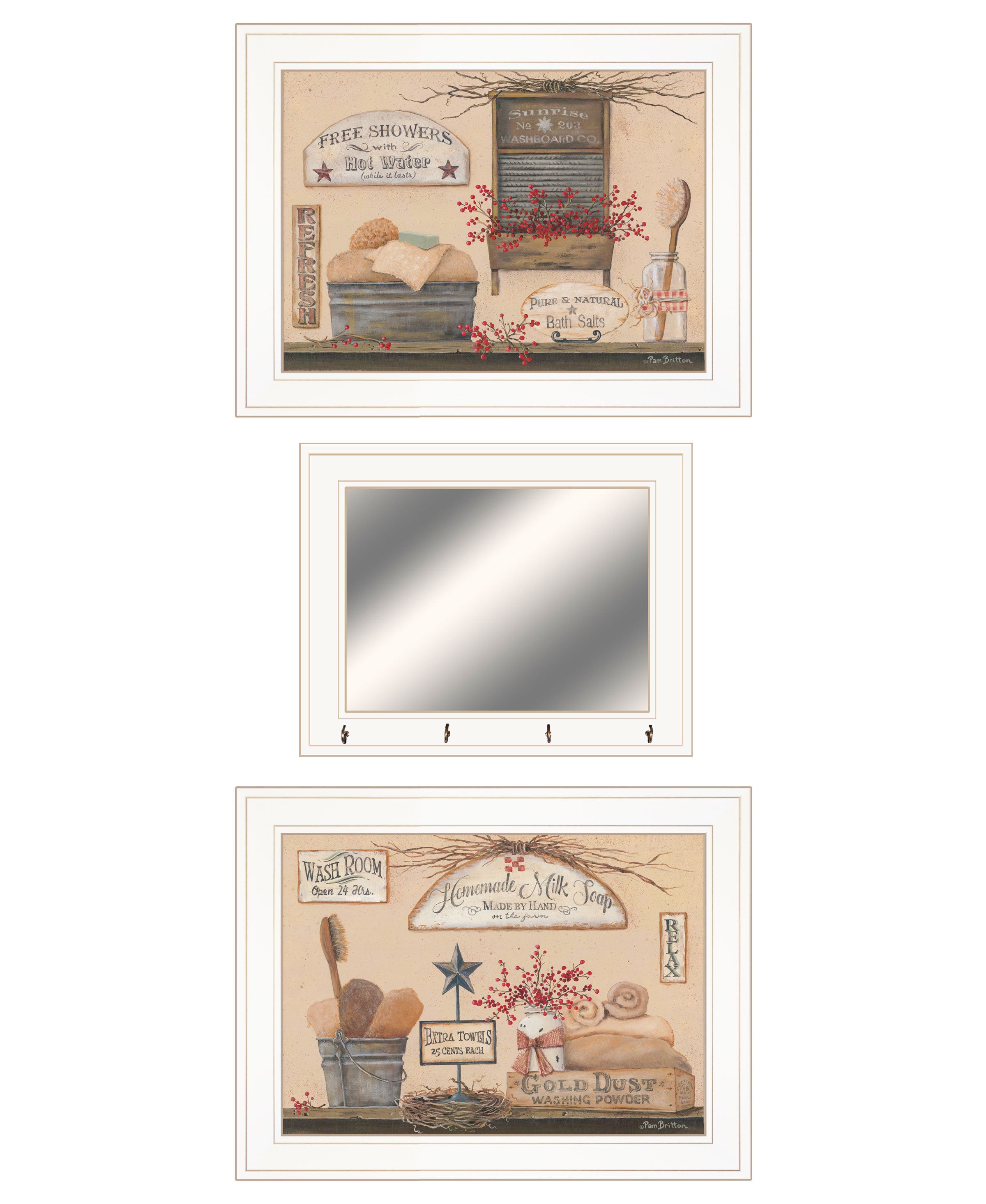 "Wash Room Collection" 3-Piece Vignette By Pam Britton, Ready to Hang Framed Print, White Frame