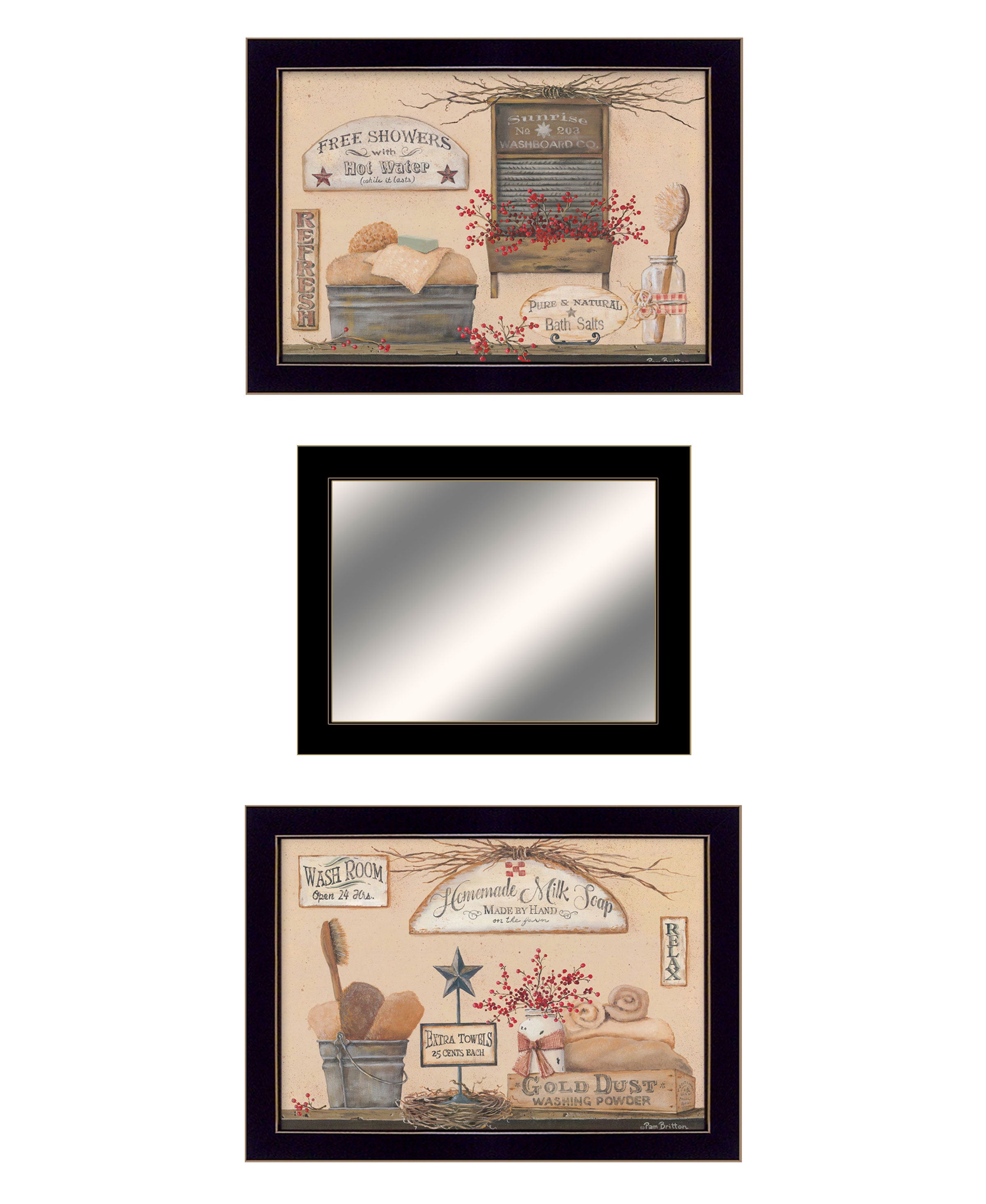 "Wash Room Collection" 3-Piece Vignette By Pam Britton, Ready to Hang Framed Print, Black Frame