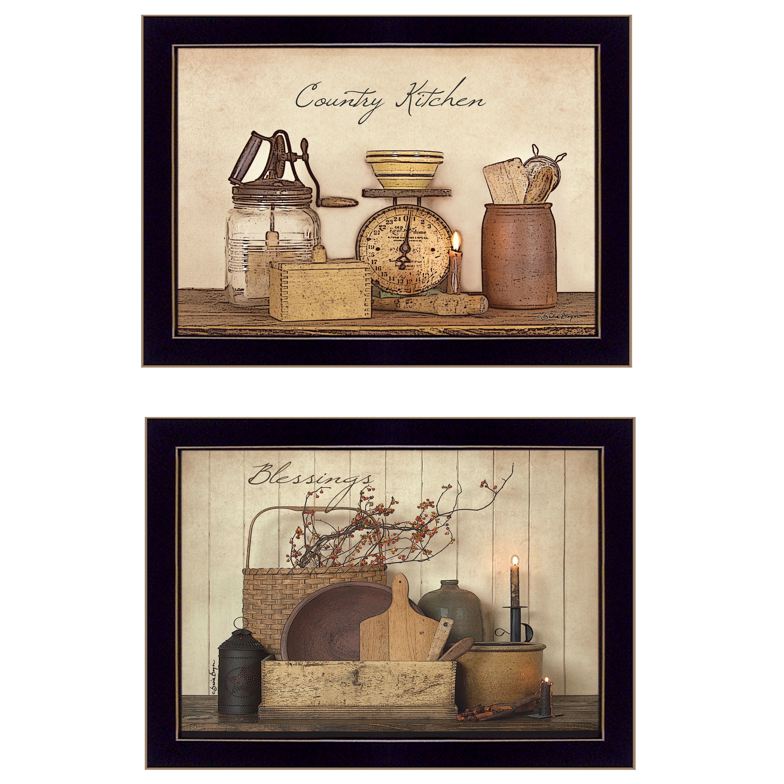 "Candlelight and Flowers" 2-Piece Vignette By Susie Boyer, Ready to Hang Framed Print, Black Frame