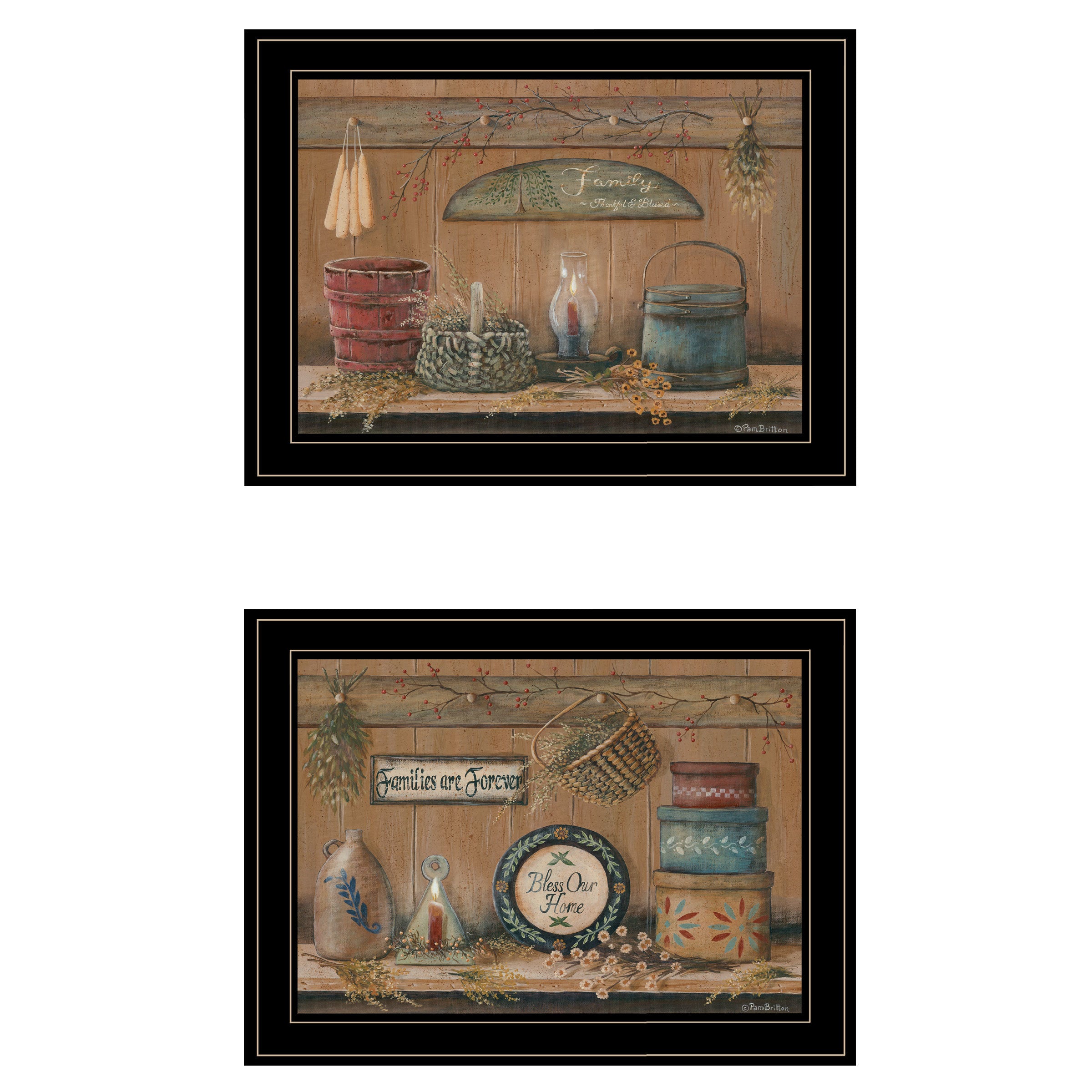 "Shelf Treasures" 2-Piece Vignette By Pam Britton, Ready to Hang Framed Print, Black Frame