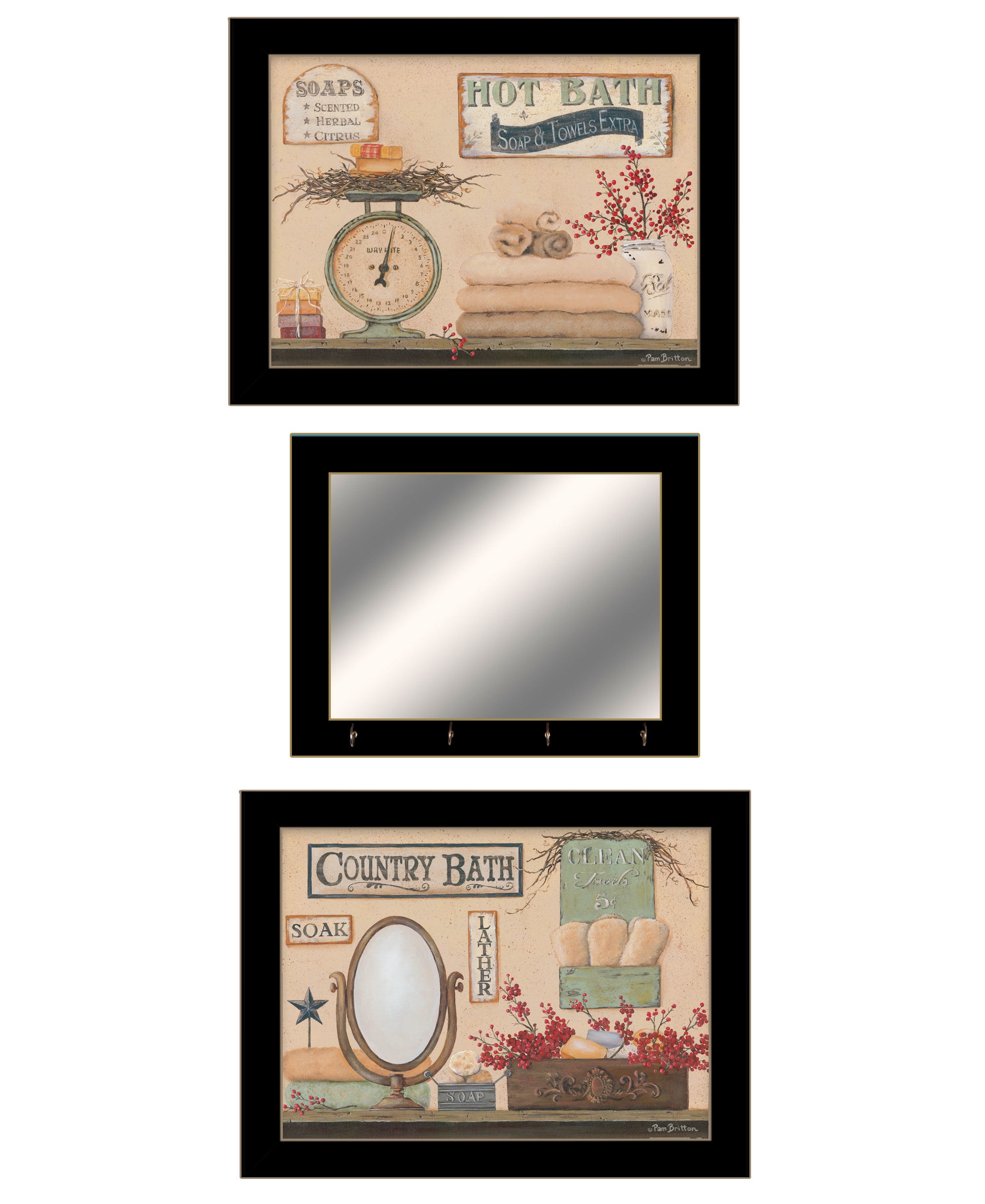 "Country Bath III Collection" 3-Piece Vignette By Pam Britton, Ready to Hang Framed Print, Black Frame