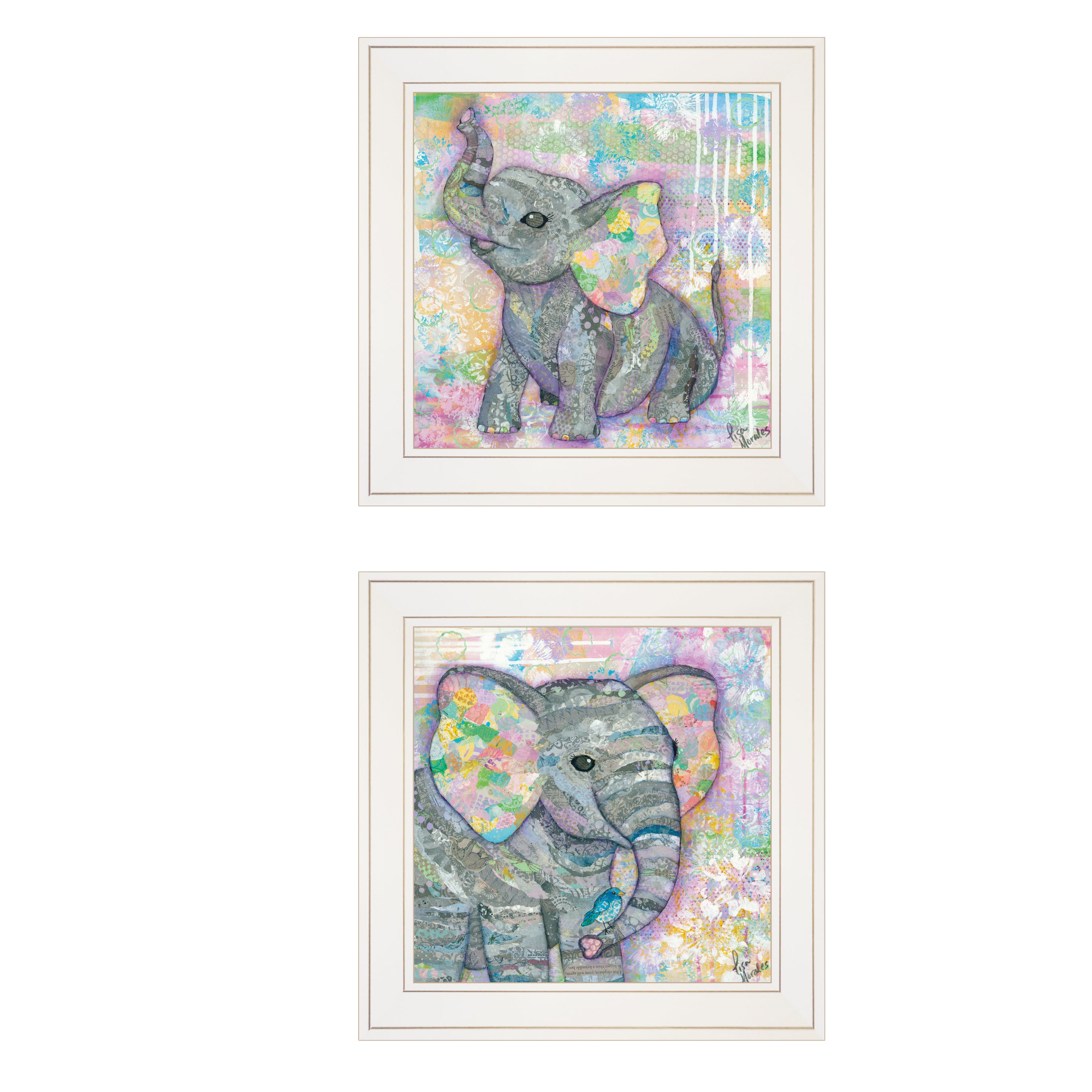 "Elephant I & II" 2-Piece Vignette By Lisa Morales, Ready to Hang Framed Print, White Frame