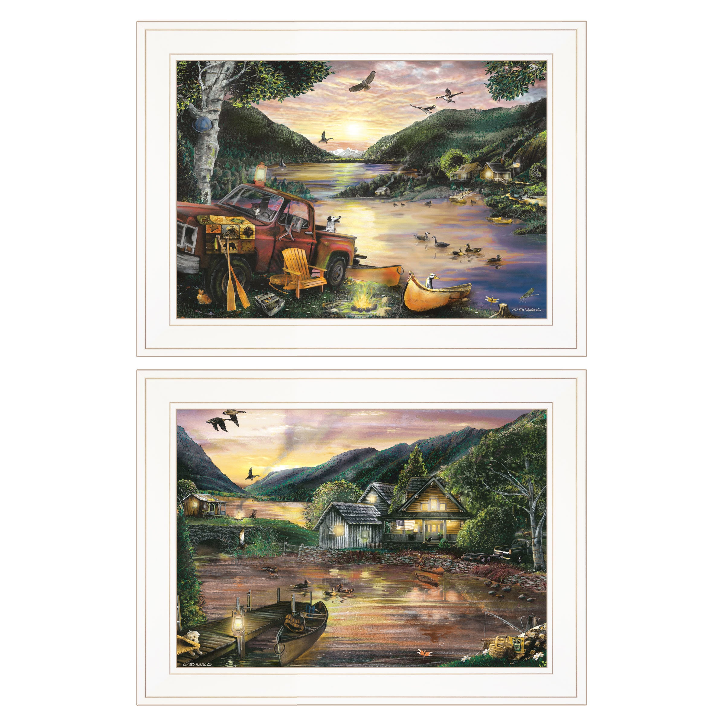 "Lakefront Camping" 2-Piece Vignette By Ed Wargo, Ready to Hang Framed Print, White Frame