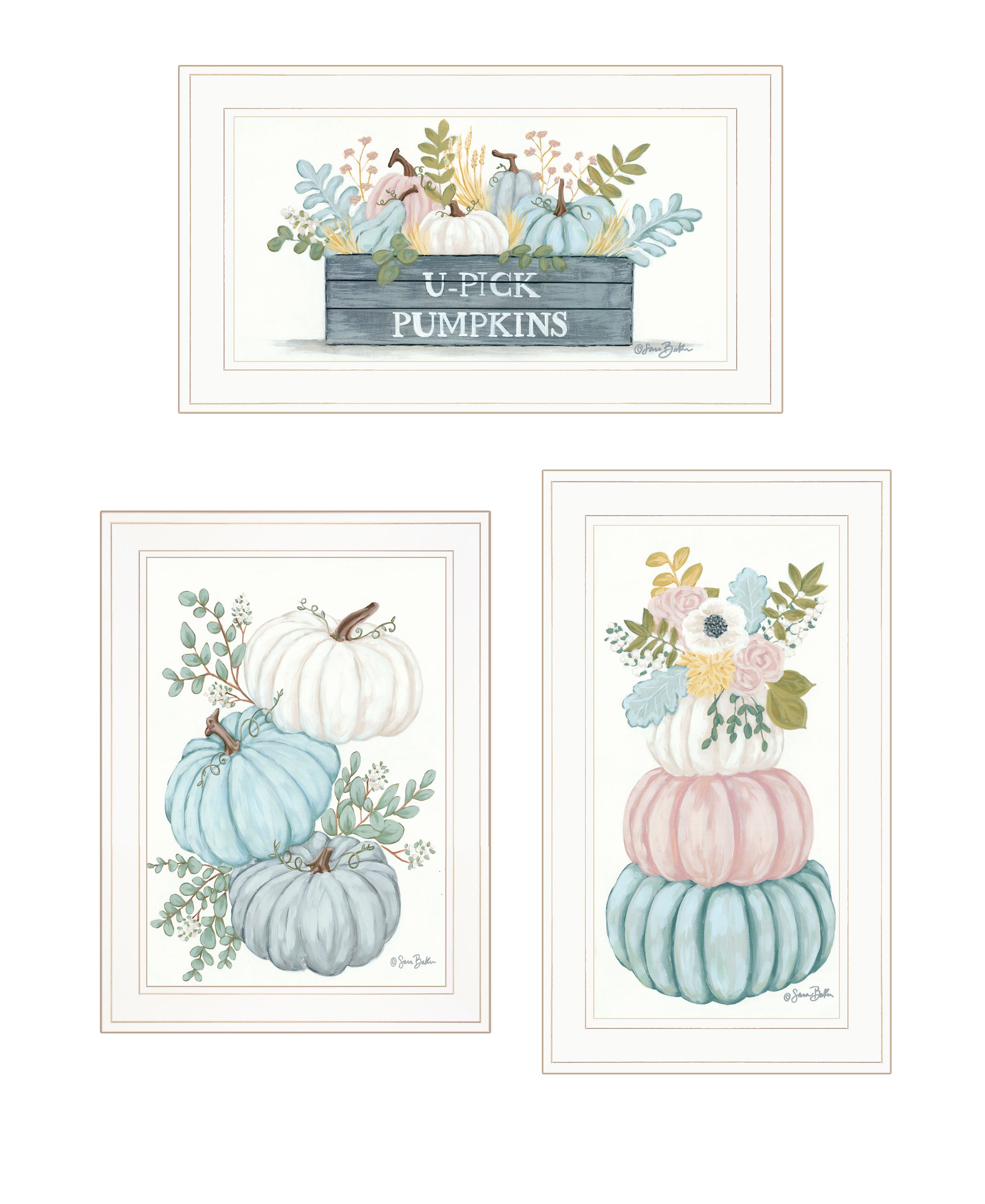 "Floral Pumpkins 3" 3-Piece Vignette By Sara Baker, Ready to Hang Framed Print, White Frame