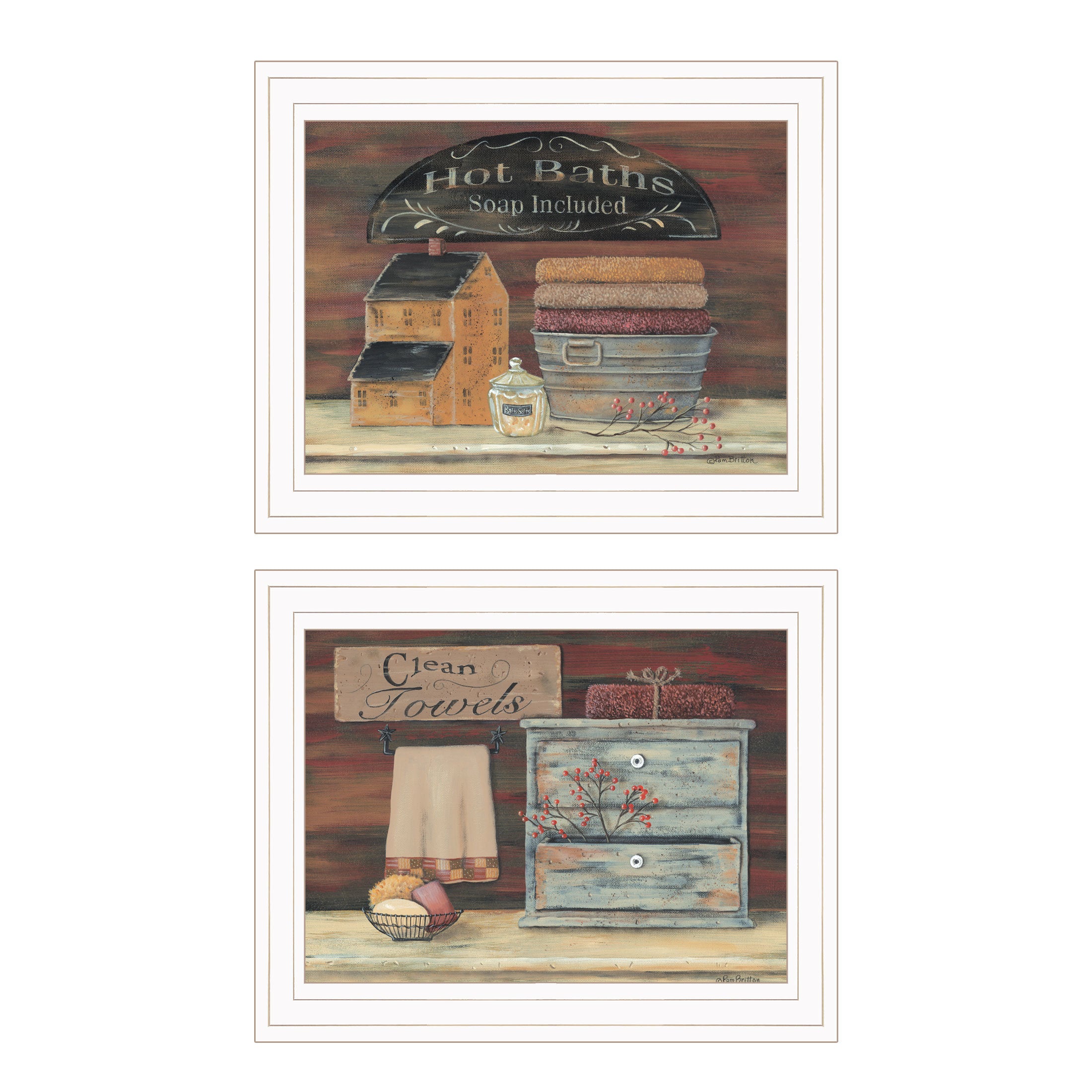 "Hot Bath / Clean Towels 2(17X14) Collection" 2-Piece Vignette By Pam Britton, White Frame