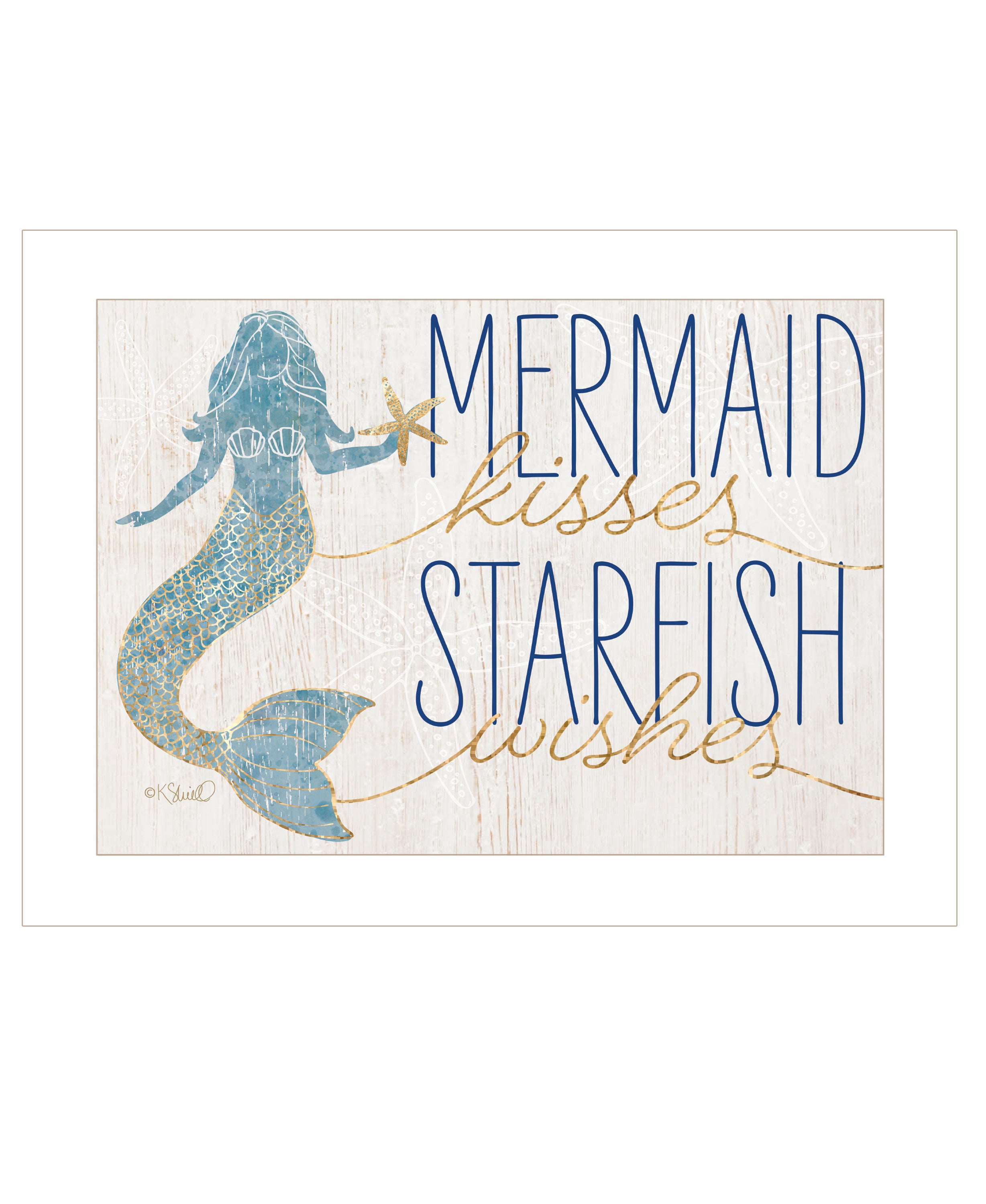 "Mermaid Kisses Starfish Wishes" by Kate Sherrill, Ready to Hang Framed Print, White Frame