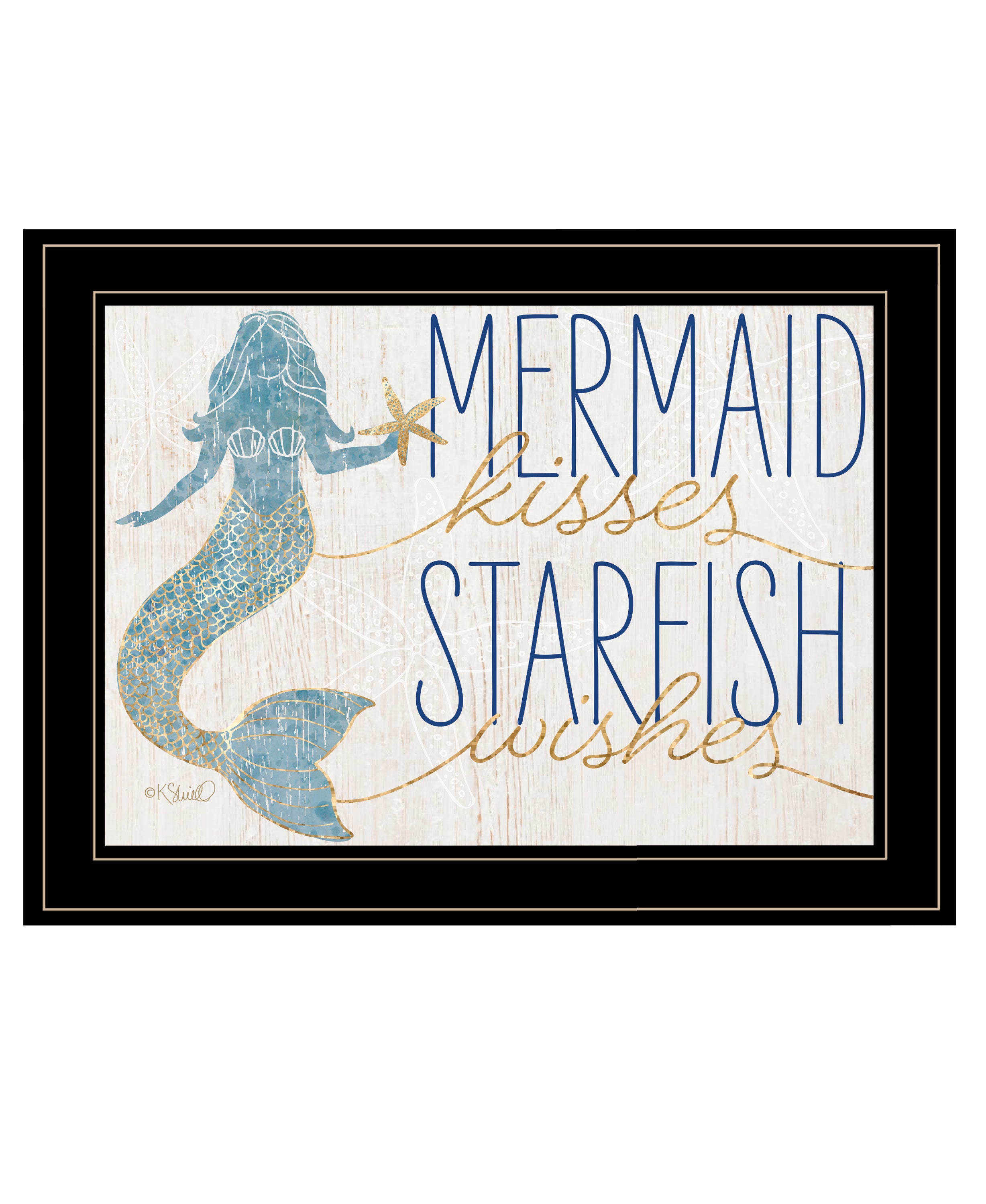 "Mermaid Kisses Starfish Wishes" by Kate Sherrill, Ready to Hang Framed Print, Black Frame