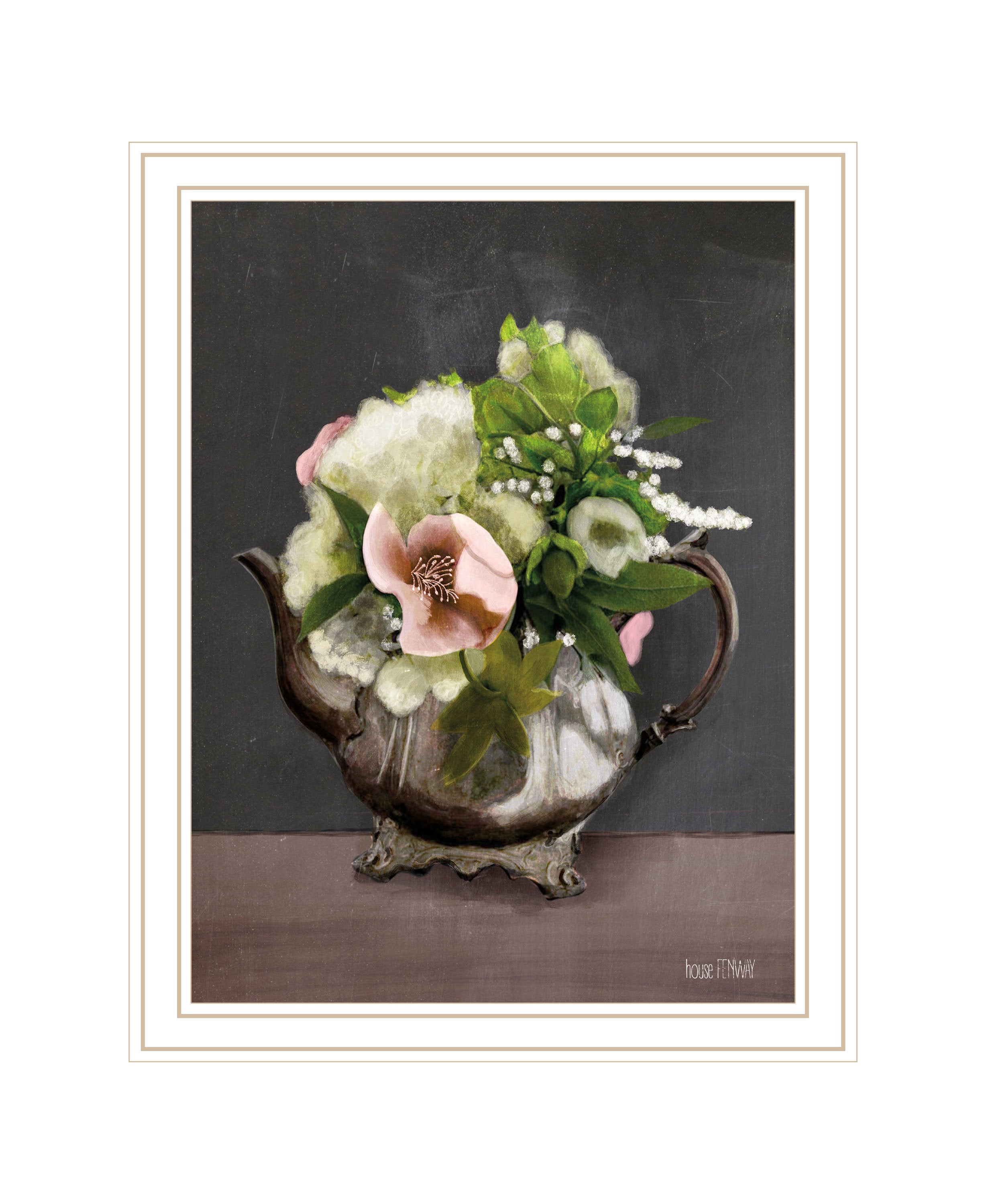 "Vintage Floral Tea Pot" by House Fenway, Ready to Hang Framed Print, White Frame