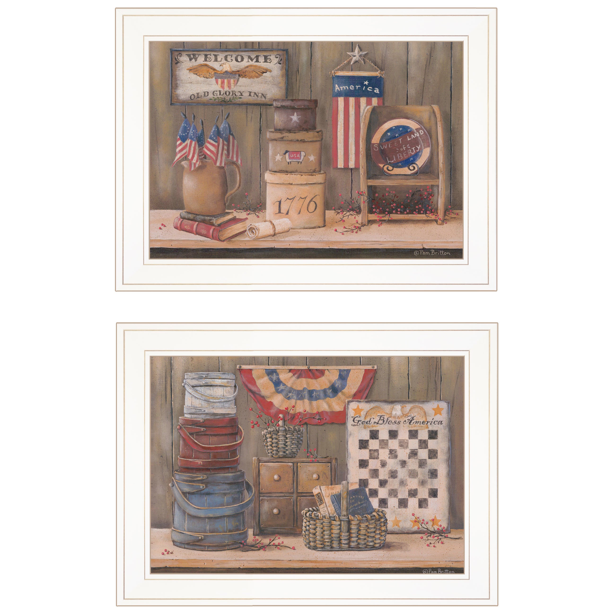 "Sweet Land of Liberty Collection" 2-Piece Vignette By Pam Britton, Ready to Hang Framed Print, White Frame