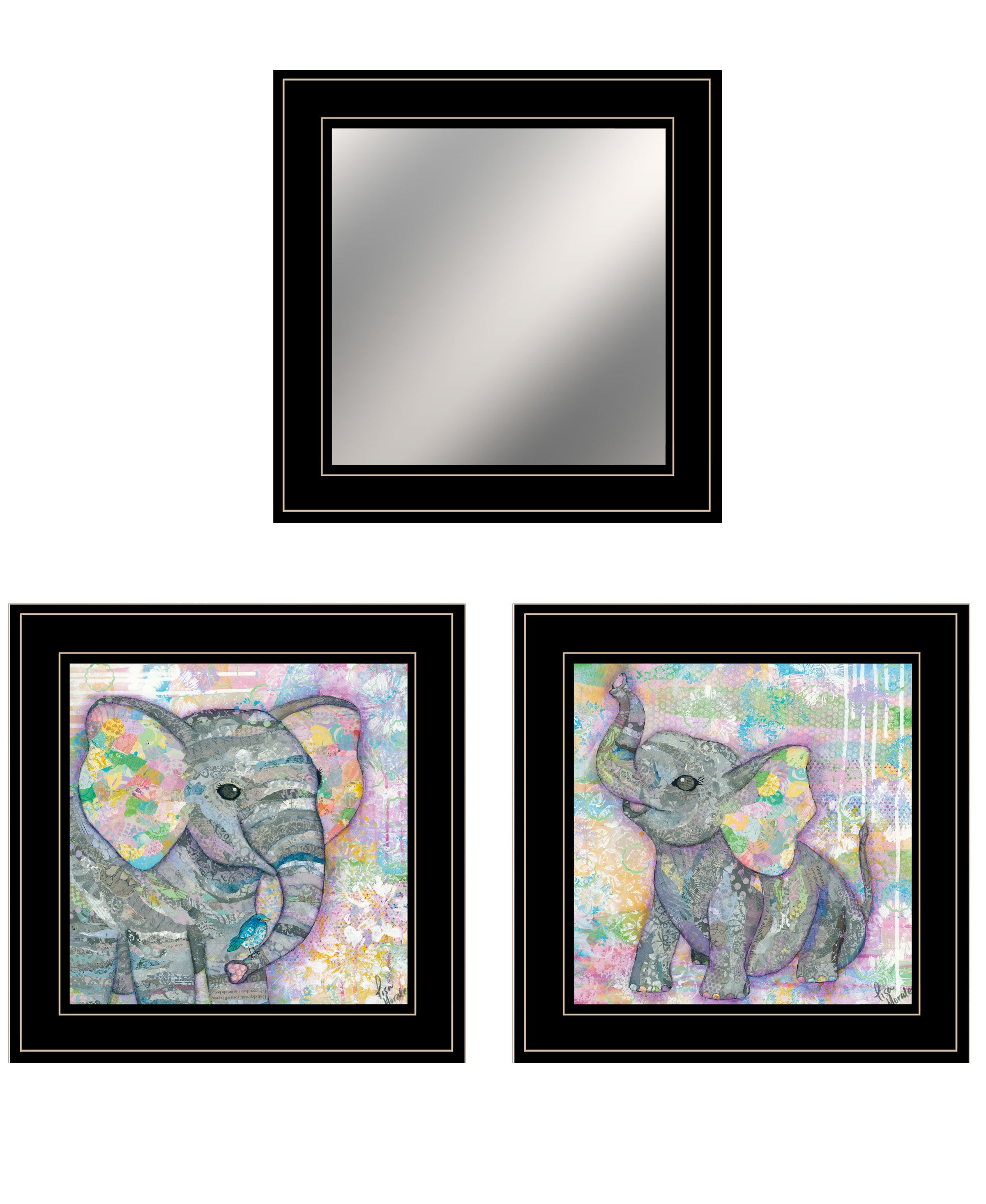 "Elephant I & II" 3-Piece Vignette By Lisa Morales, Ready to Hang Framed Print, Black Frame