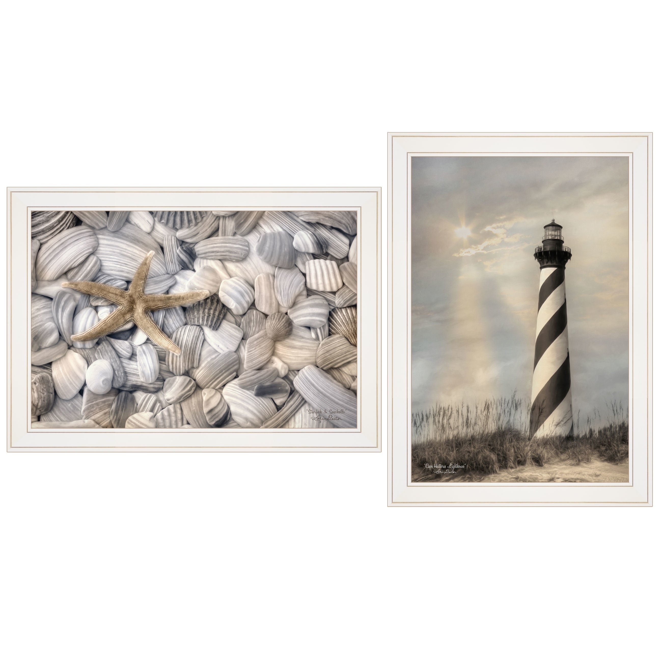 "Cape Hatteras Lighthouse and Sea Shells Collection" 2-Piece Vignette By Lori Deiter, Ready to Hang Framed Print, White Frame