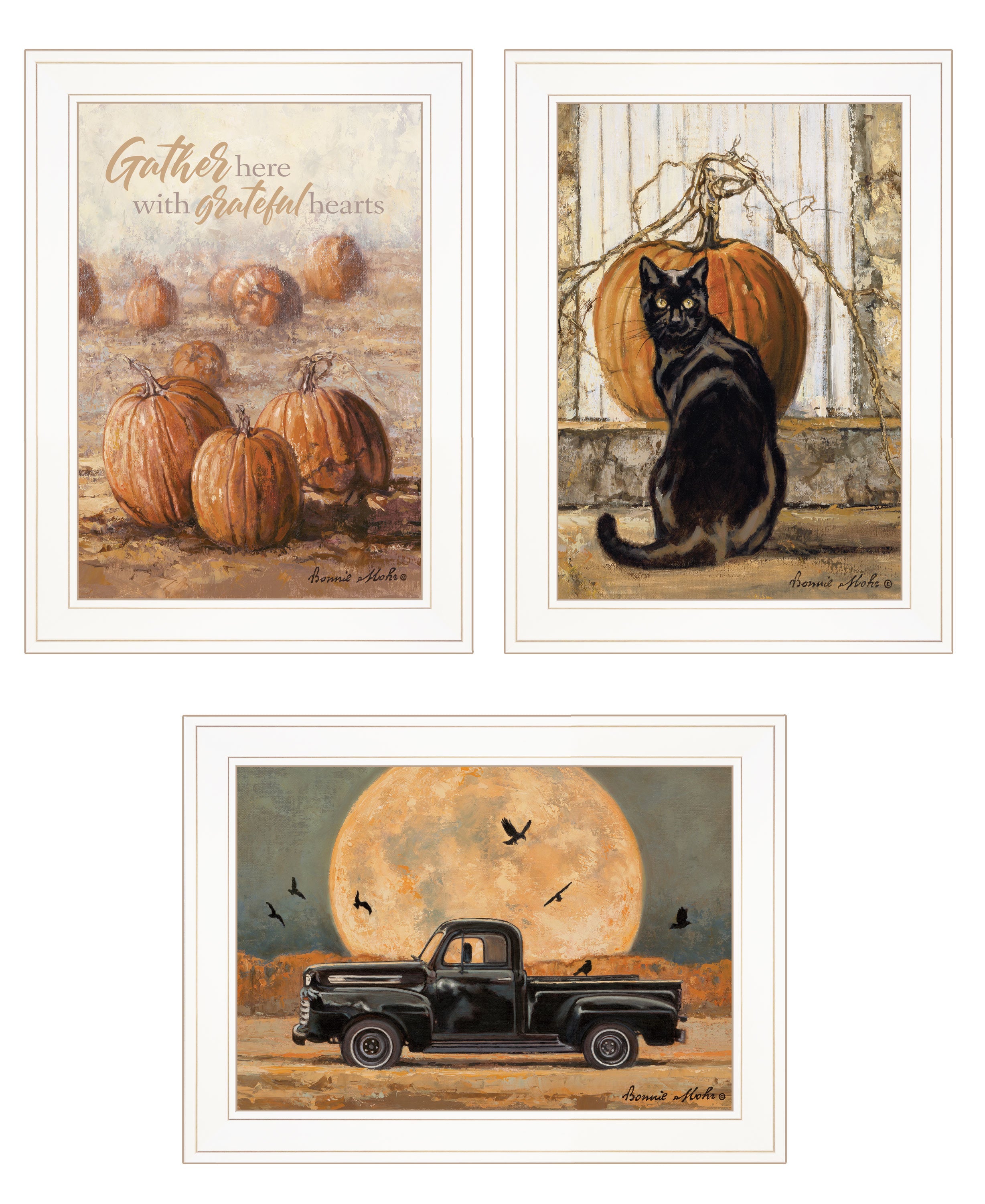 "Harvest Moon III" 3-Piece Vignette By Bonnie Mohr, Ready to Hang Framed Print, White Frame