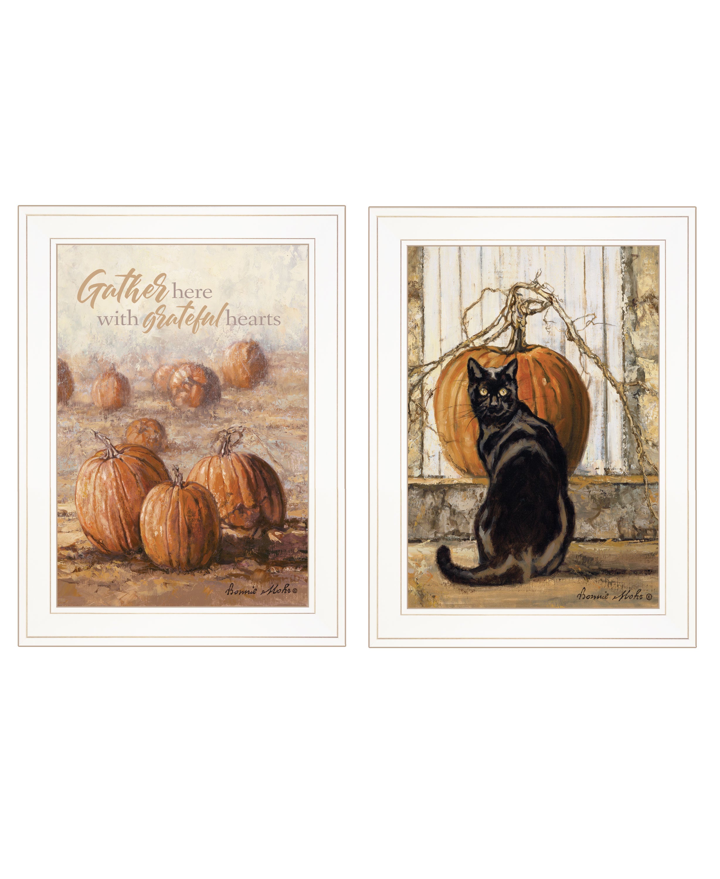 "Pumpkins with A Black Cat" 2-Piece Vignette by Bonnie Mohr, Ready to Hang Framed Print, White Frame