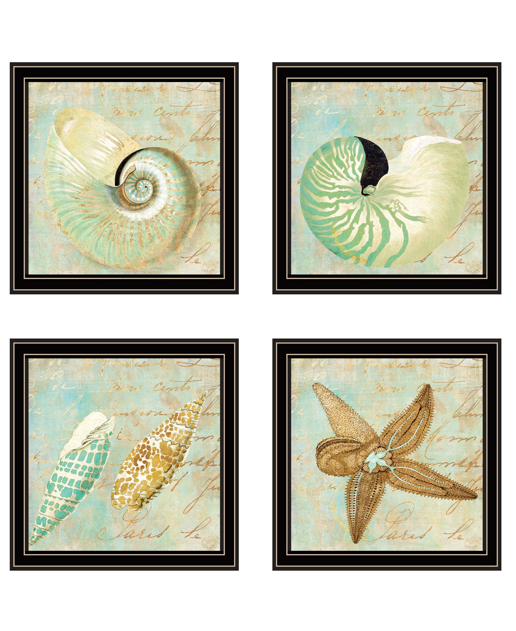 "Ocean Collection " 4-Piece Vignette By Sophie 6, Ready to Hang Framed Print, Black Frame