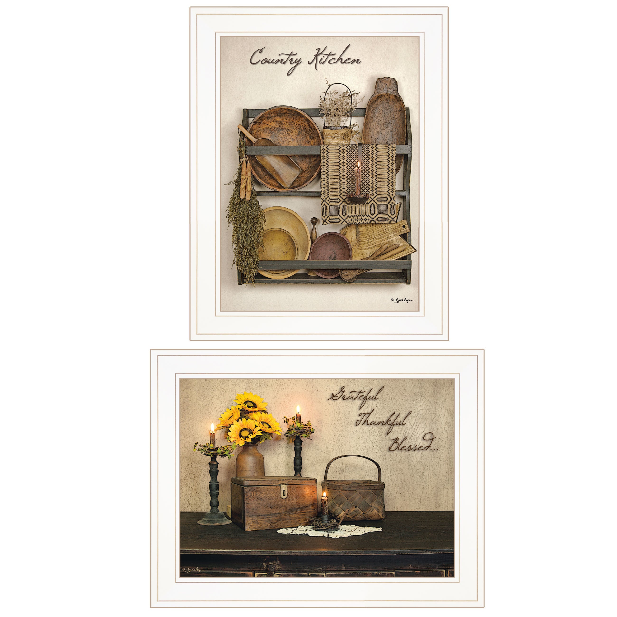 "Grateful and Blessed" 2-Piece Vignette By Susie Boyer, Ready to Hang Framed Print, White Frame