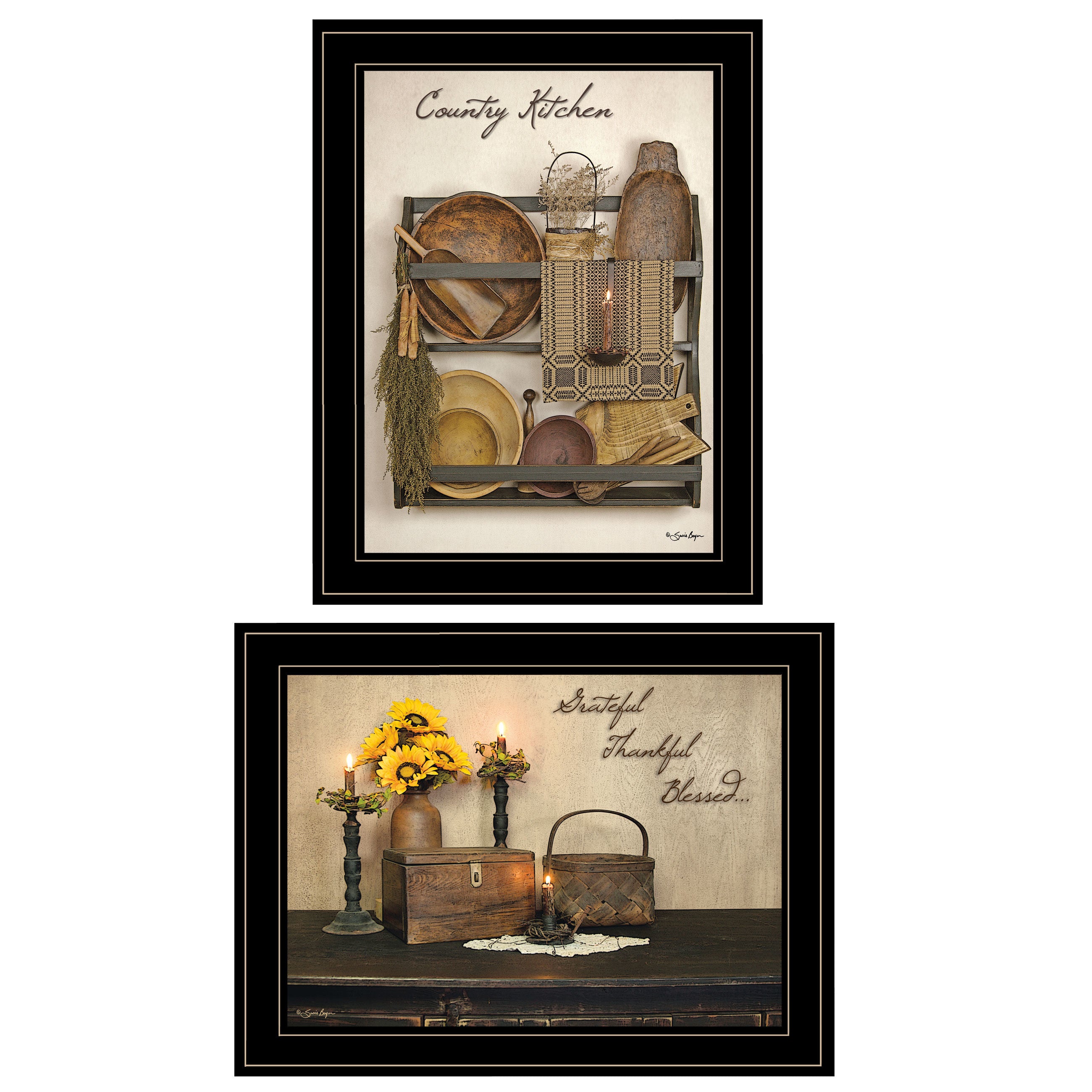 "Grateful and Blessed Collection" 2-Piece Vignette By Susie Boyer, Ready to Hang Framed Print, Black Frame