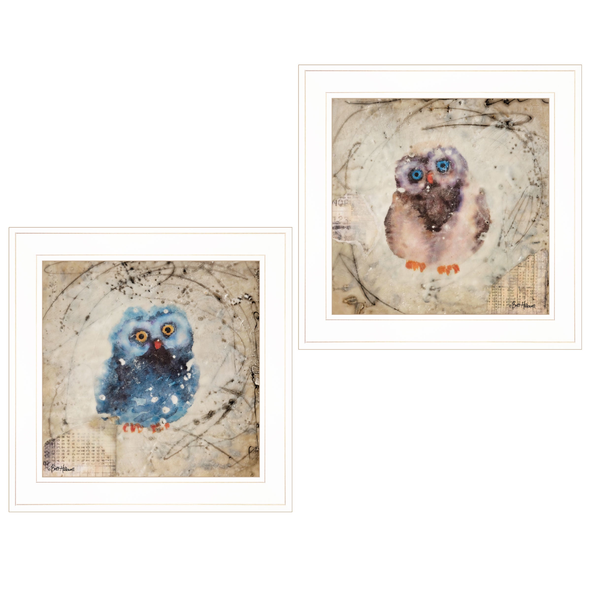 "Wonder Years - Owls" 2-Piece Vignette By Britt Hallowell, Ready to Hang Framed Print, White Frame