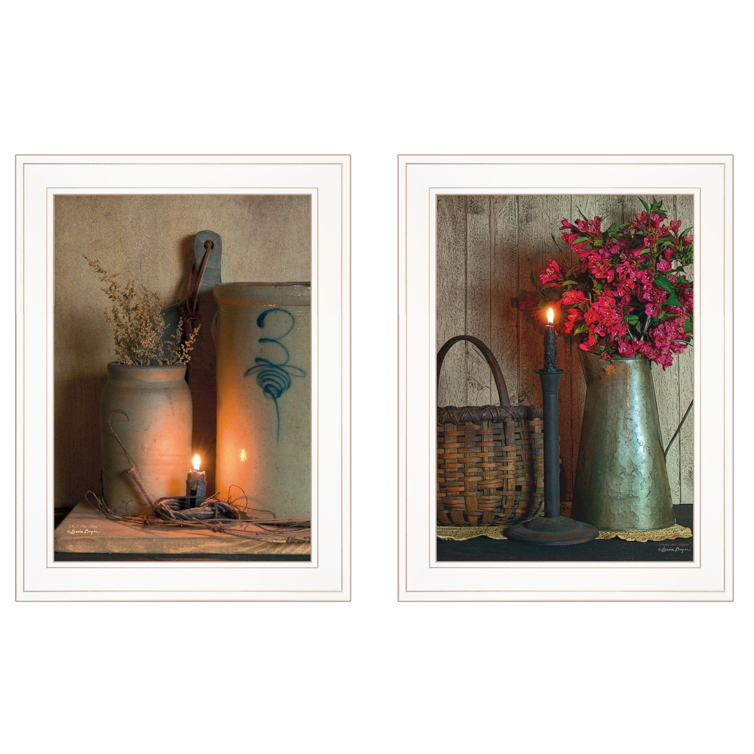 "Country Candlelight Collection" 2-Piece Vignette By Susie Boyer,, Ready to Hang Framed Print, White Frame