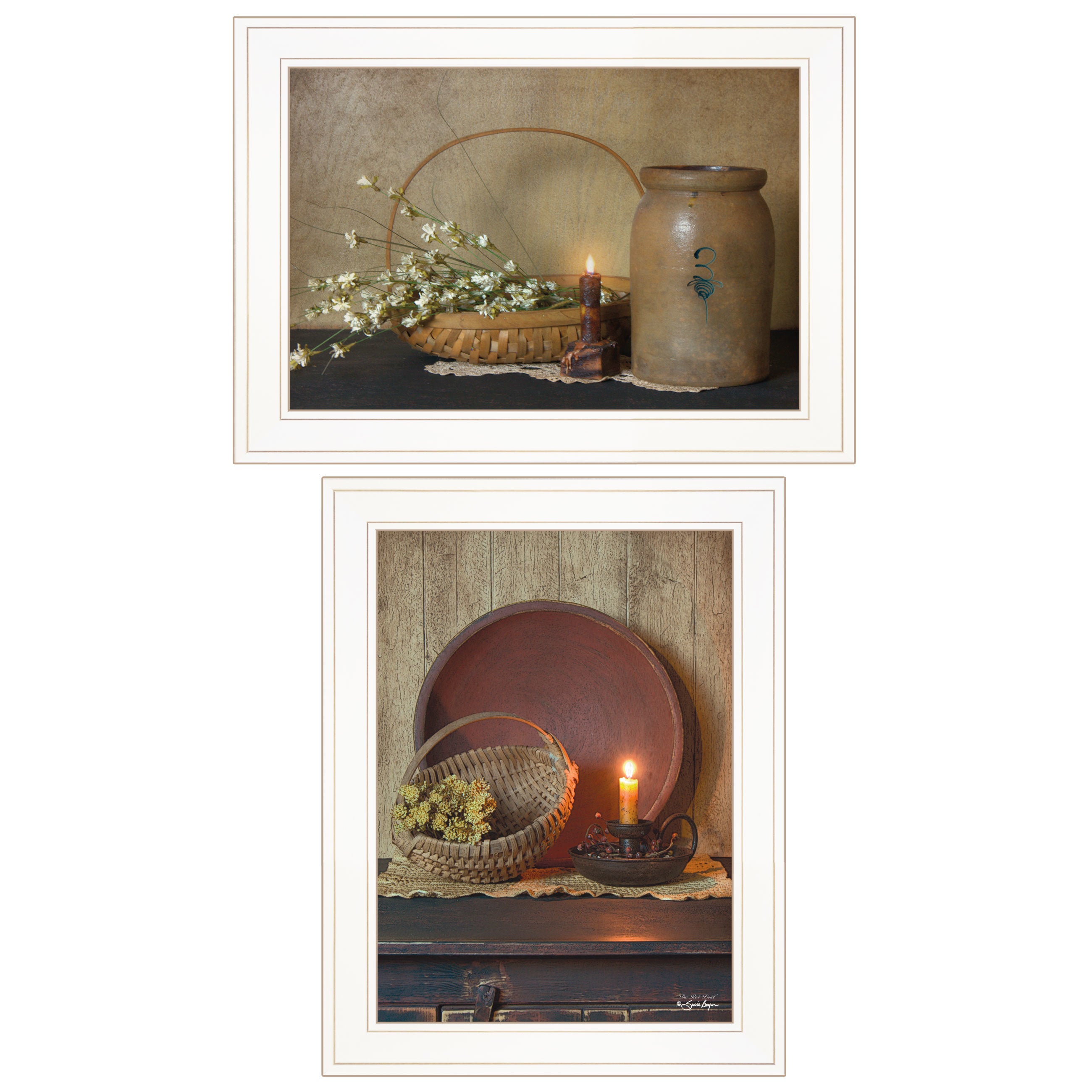 "Candle Light & Flowers" 2-Piece Vignette By Susie Boyer, Ready to Hang Framed Print, White Frame