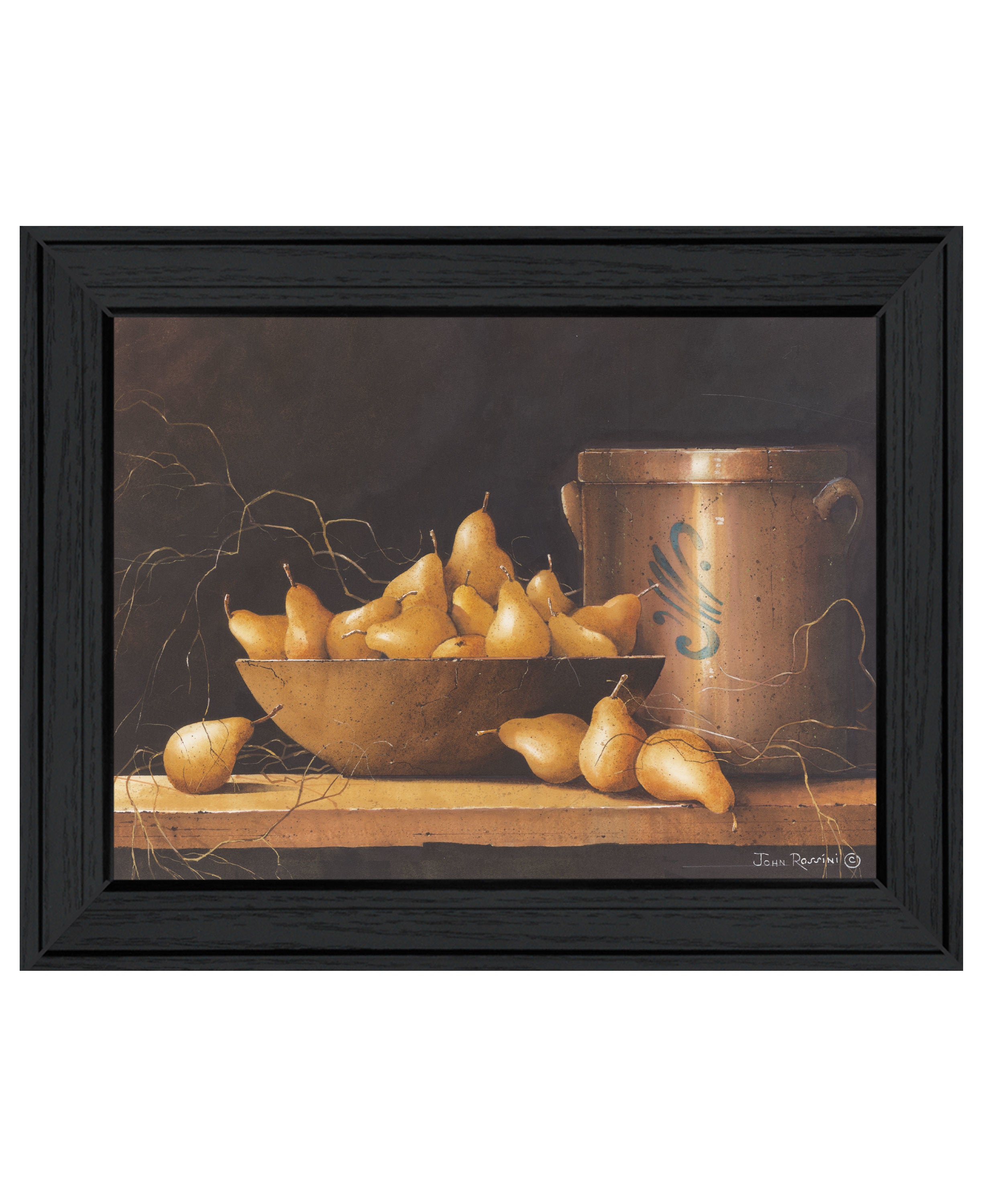 "Pears and Crocks" by Artisan John Rossini, Ready to Hang Framed Print, Black Frame