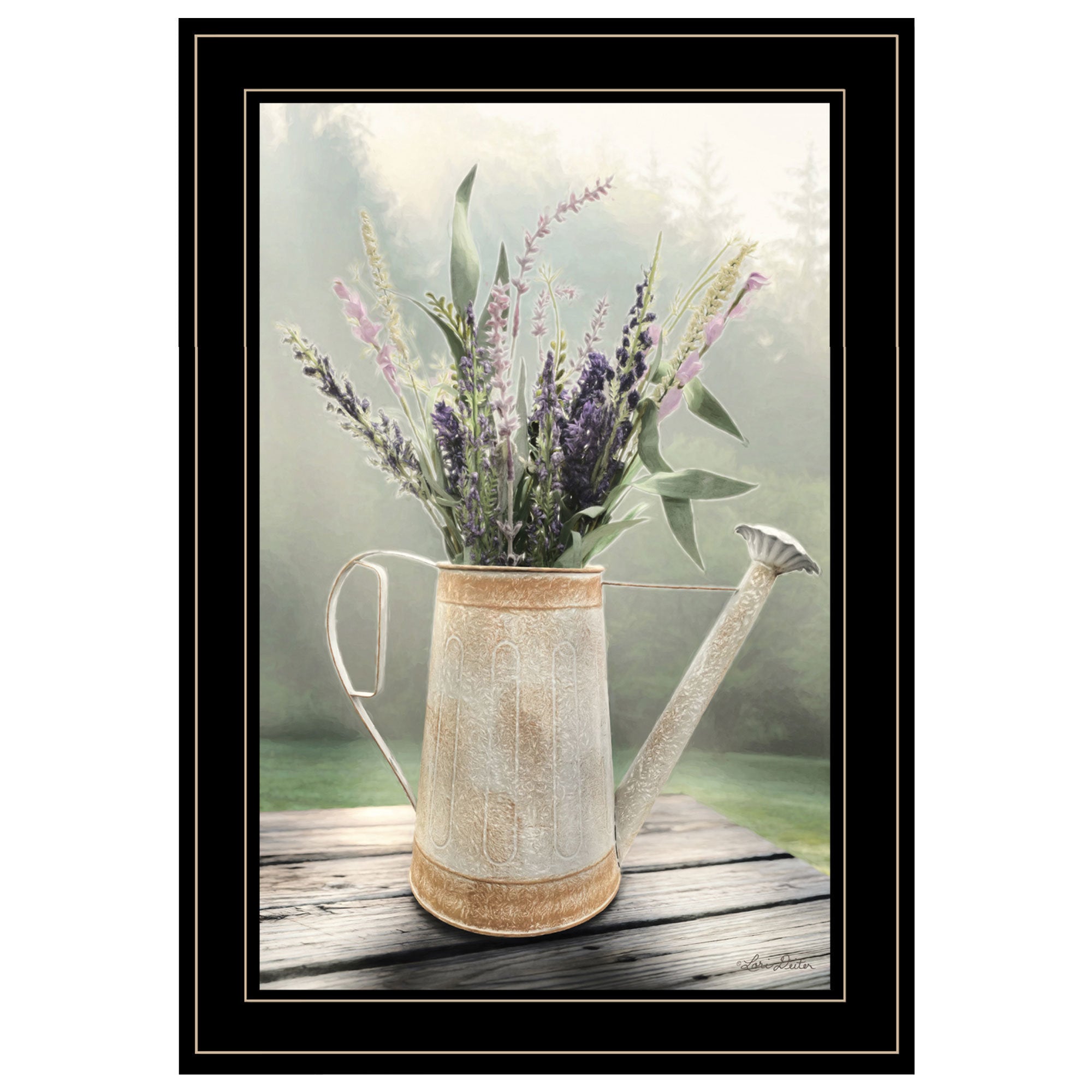"Lavender Watering Can" by Artisan Lori Deiter , Ready to Hang Framed Print, Black Frame