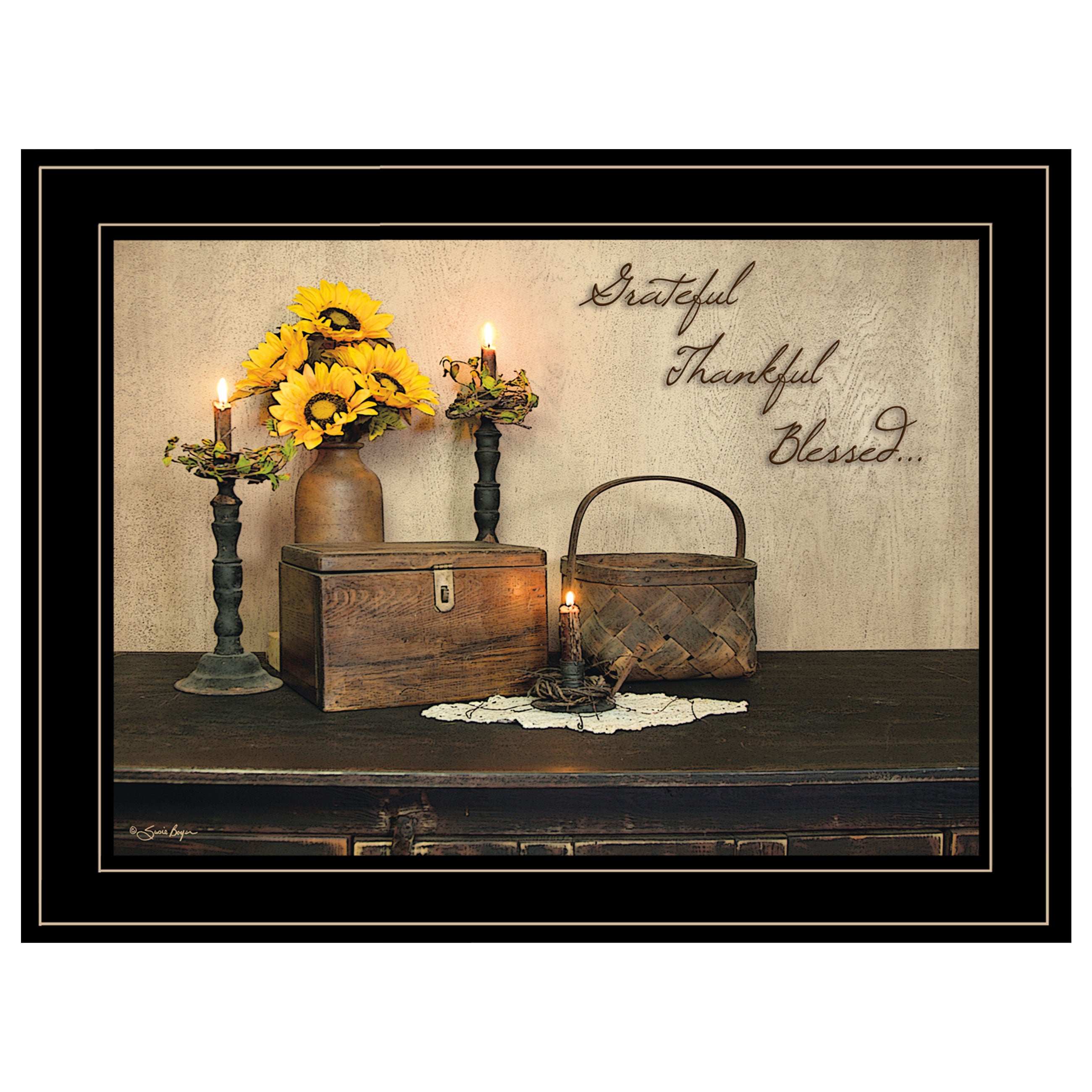 "Grateful, Thankful, Blessing" By Susie Boyer, Ready to Hang Framed Print, Black Frame