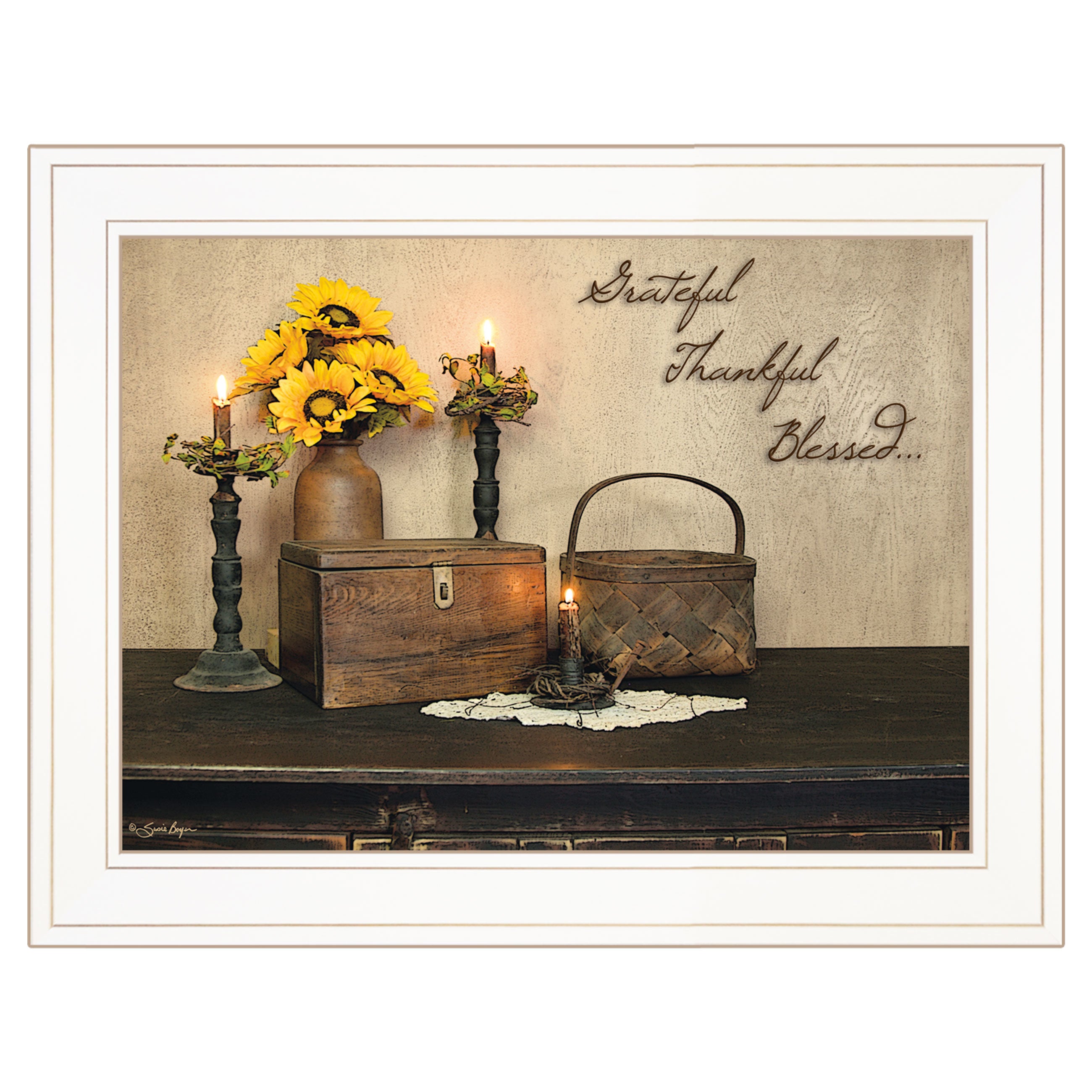 "Grateful, Thankful, Blessing" By Susie Boyer, Ready to Hang Framed Print, White Frame