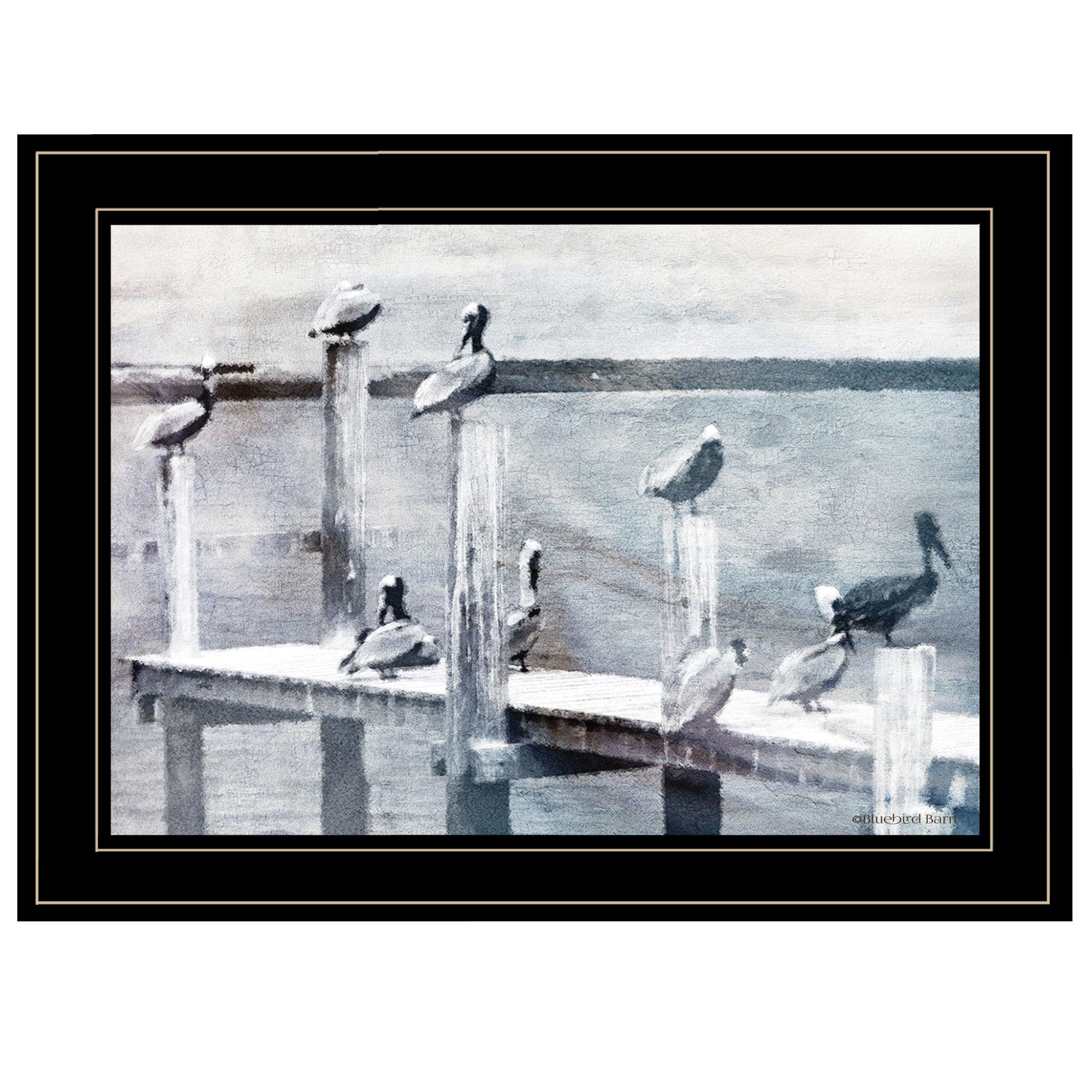 "Birds on a Pier" By Bluebird Barn, Ready to Hang Framed Print, Black Frame