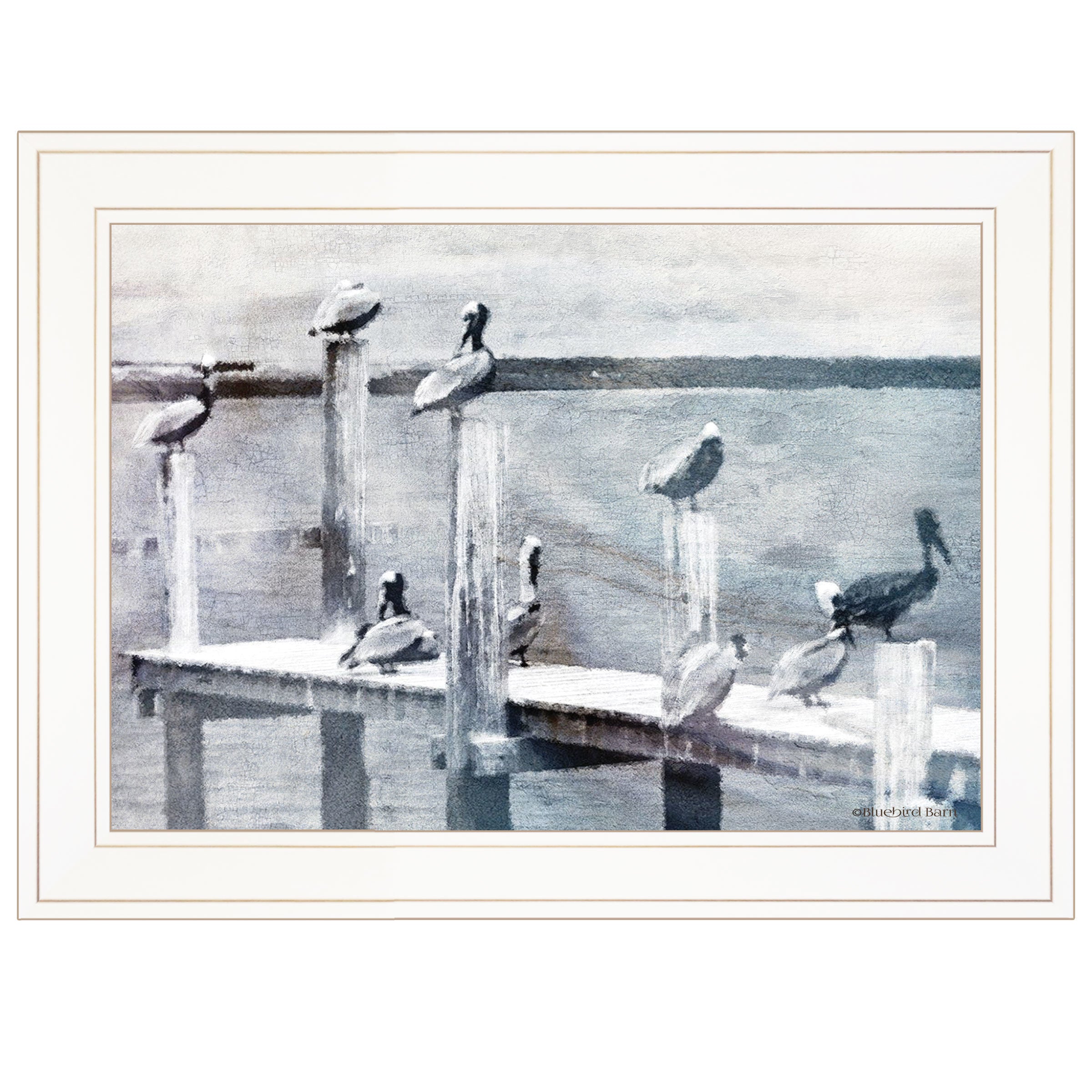 "Birds on a Pier" By Bluebird Barn, Ready to Hang Framed Print, White Frame