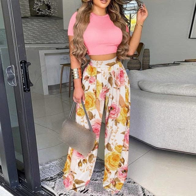 Two Piece Sets Elegant Print Short Sleeve Shirt Pullover Wide Leg Pants Suits