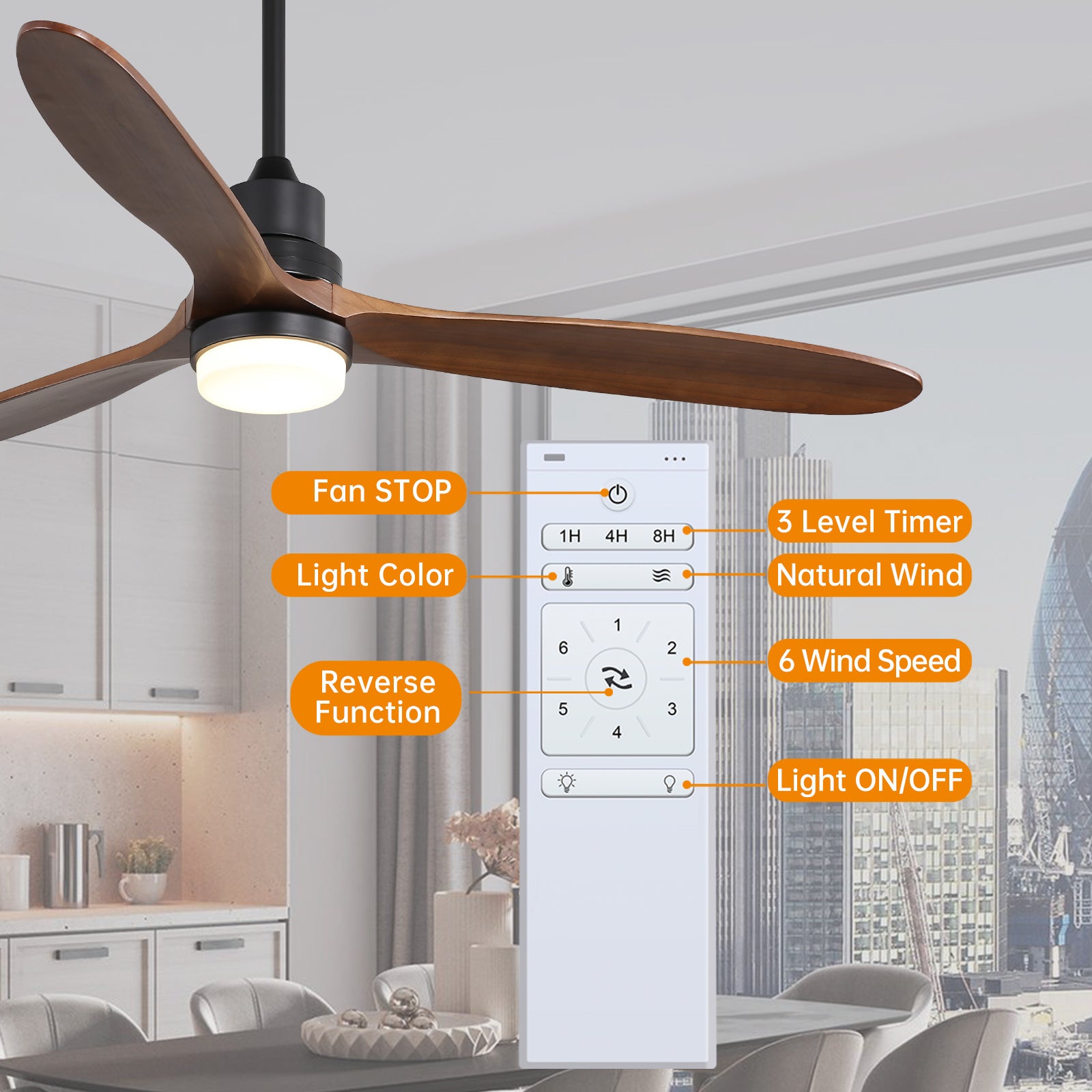 60 Inch Ceiling Fan With Lights 3 Carved Wood Fan Blade Noiseless Reversible Motor Remote Control