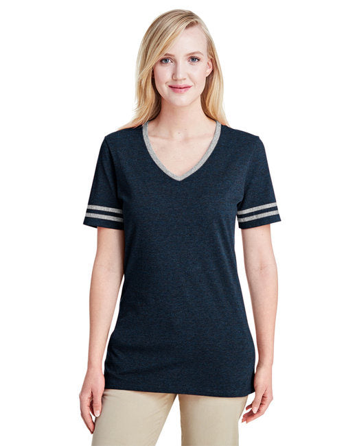 Ladies' TRI-BLEND Varsity V-Neck T-Shirt - BLACK HTH/ OXFRD - M